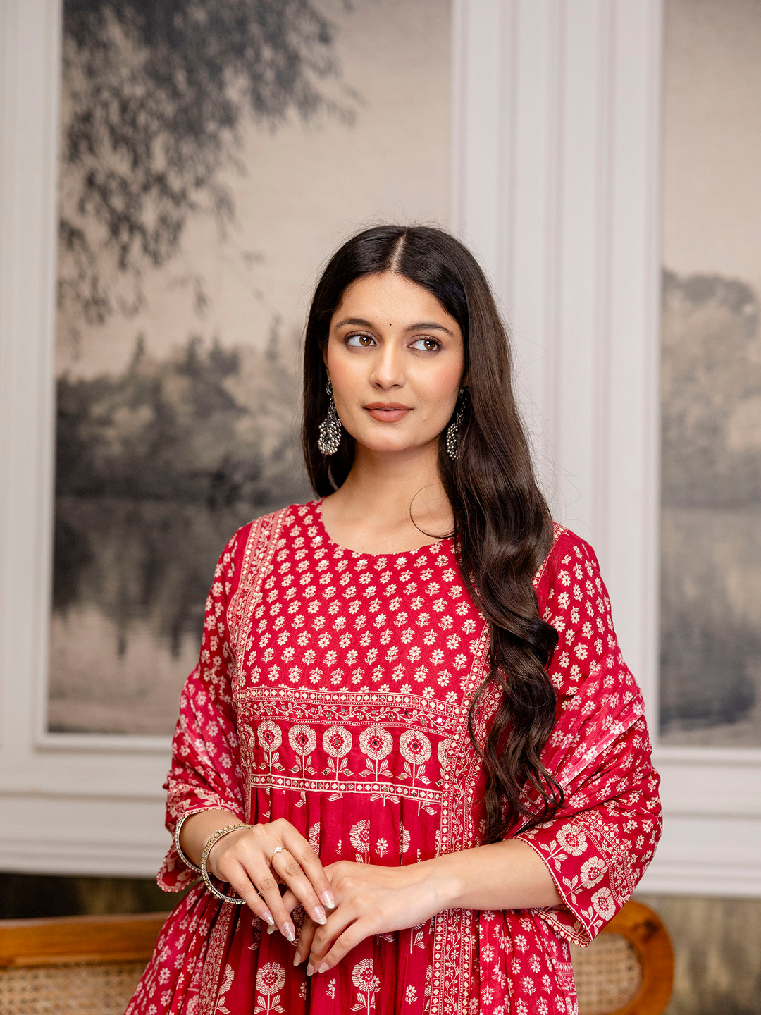Womens Pure cotton Pleated kurta pant dupatta set
