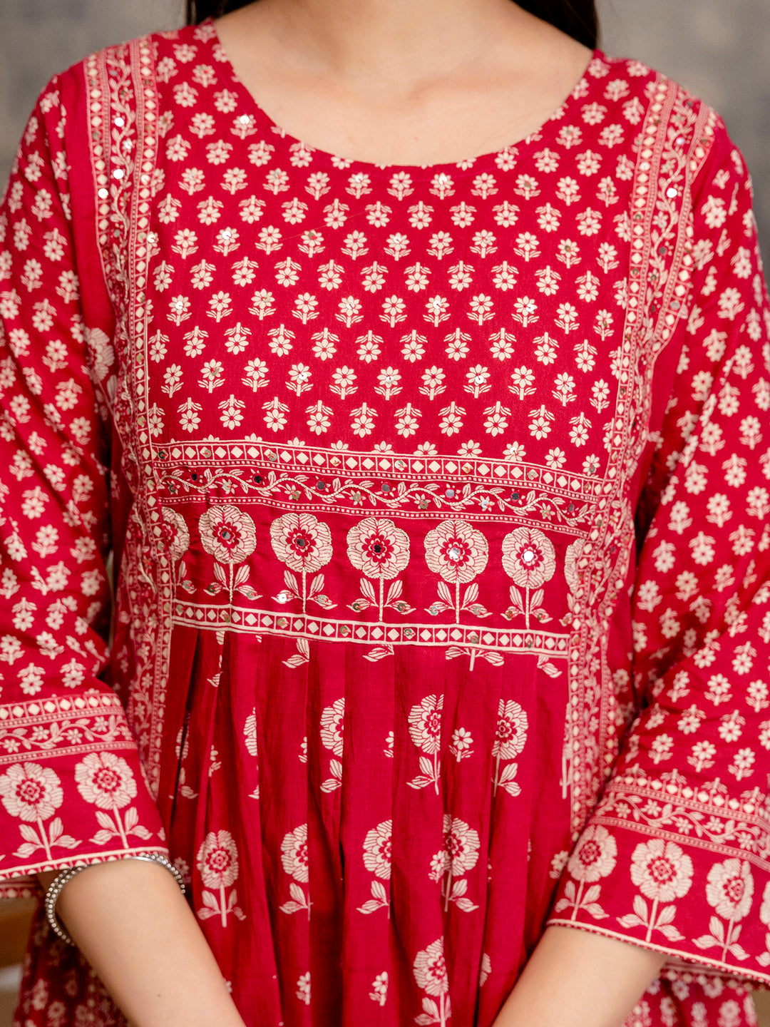 Womens Pure cotton Pleated kurta pant dupatta set