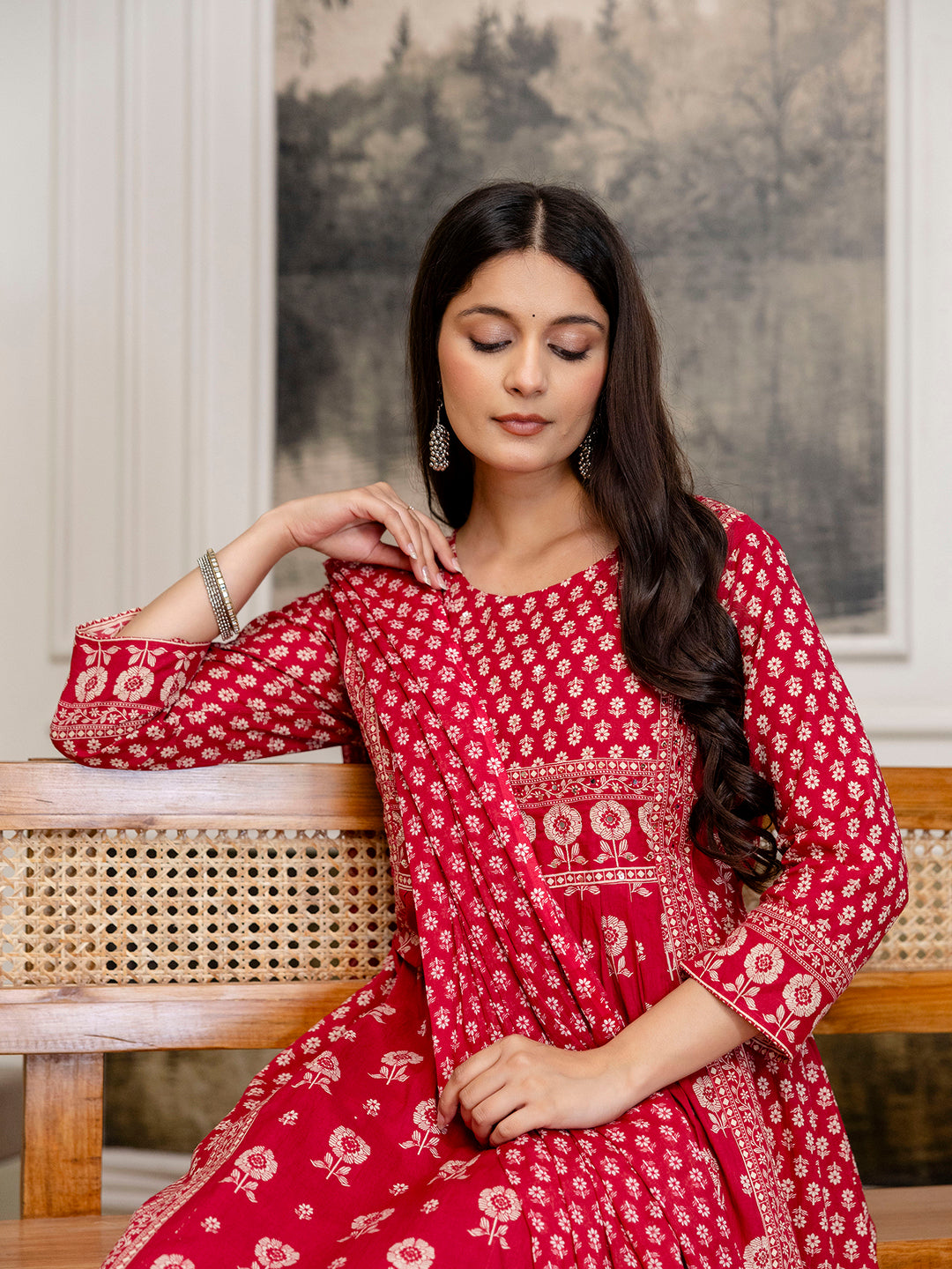 Womens Pure cotton Pleated kurta pant dupatta set