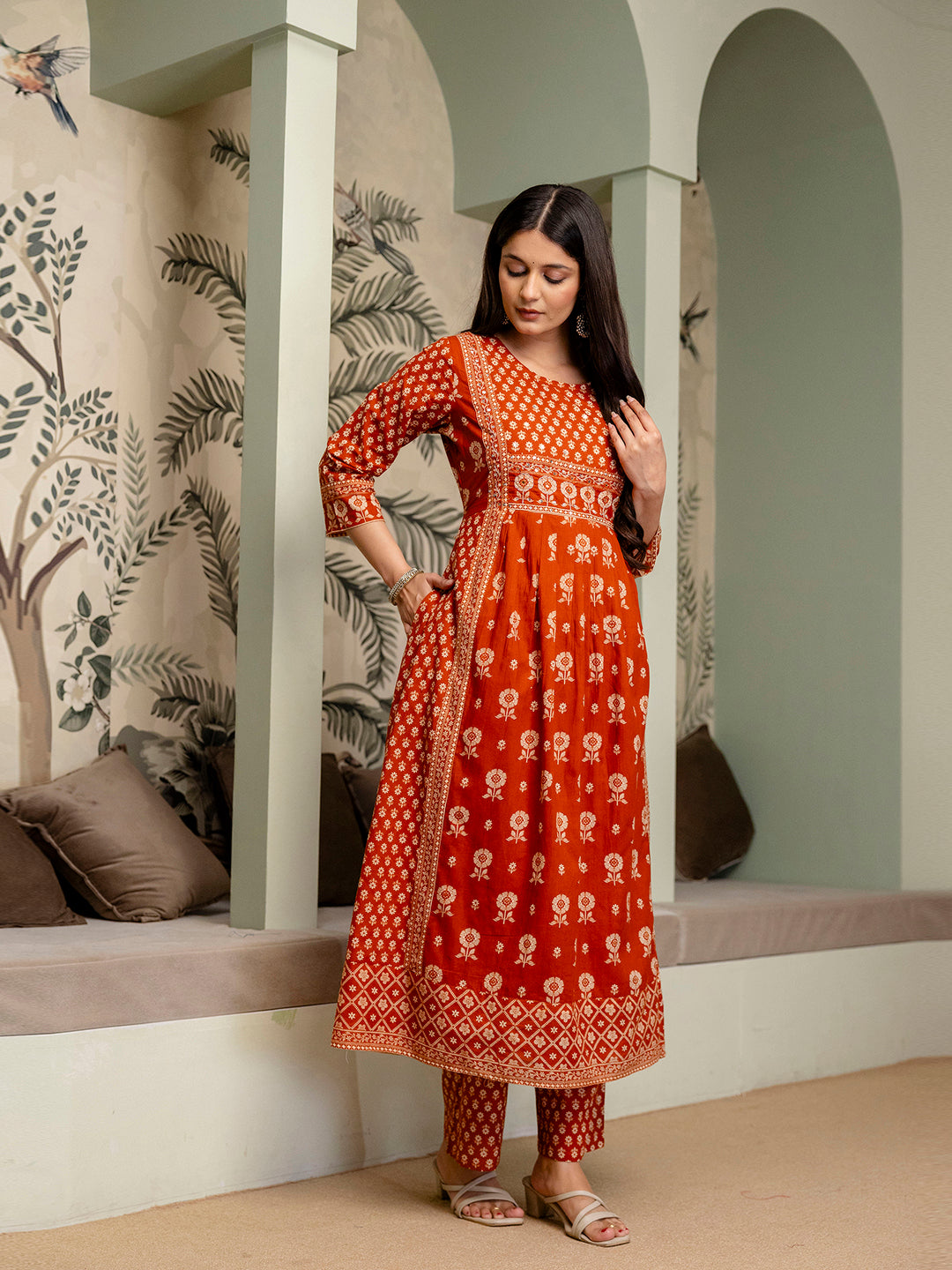 Womens Pure cotton Pleated kurta pant dupatta set