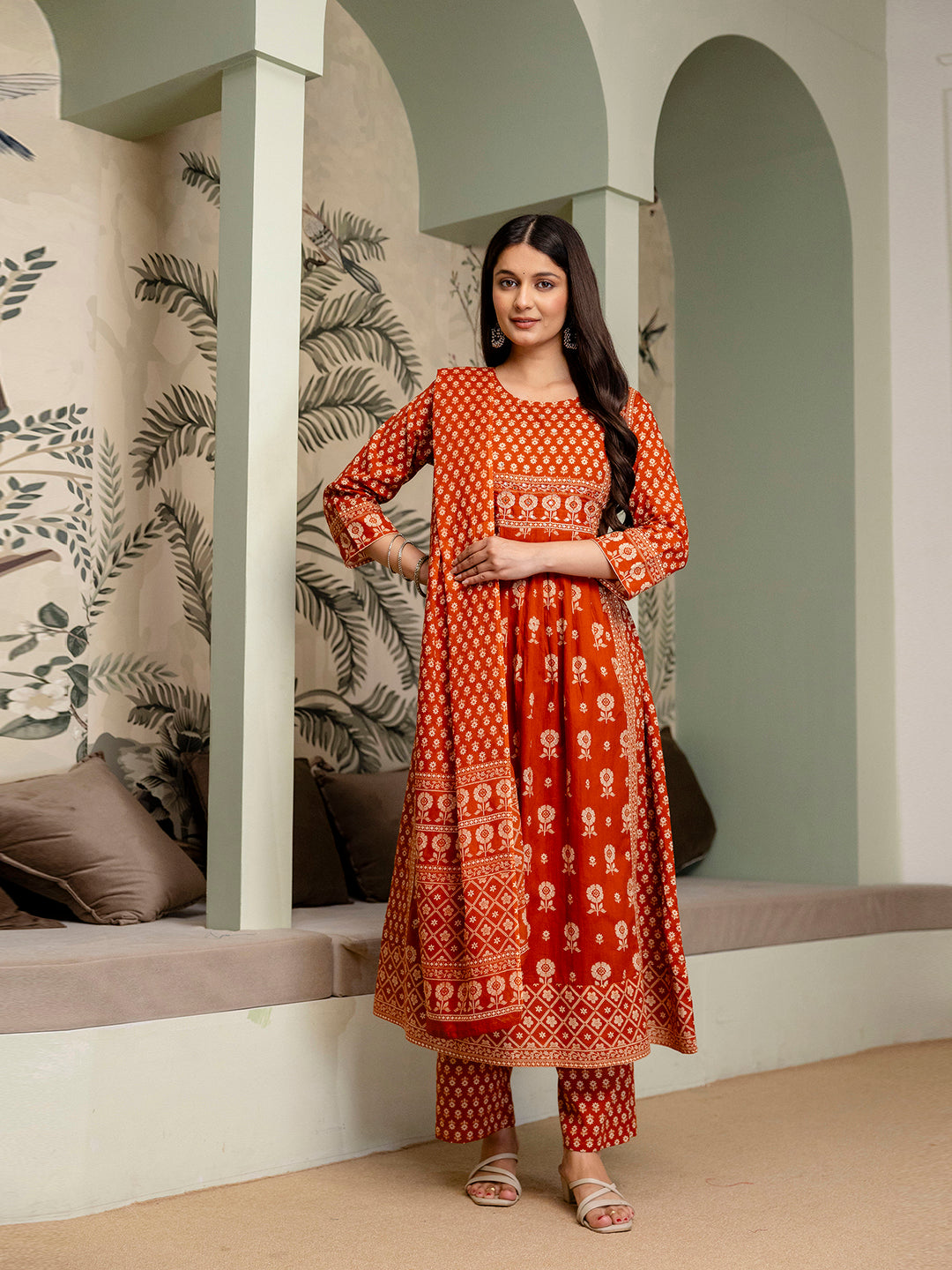 Womens Pure cotton Pleated kurta pant dupatta set