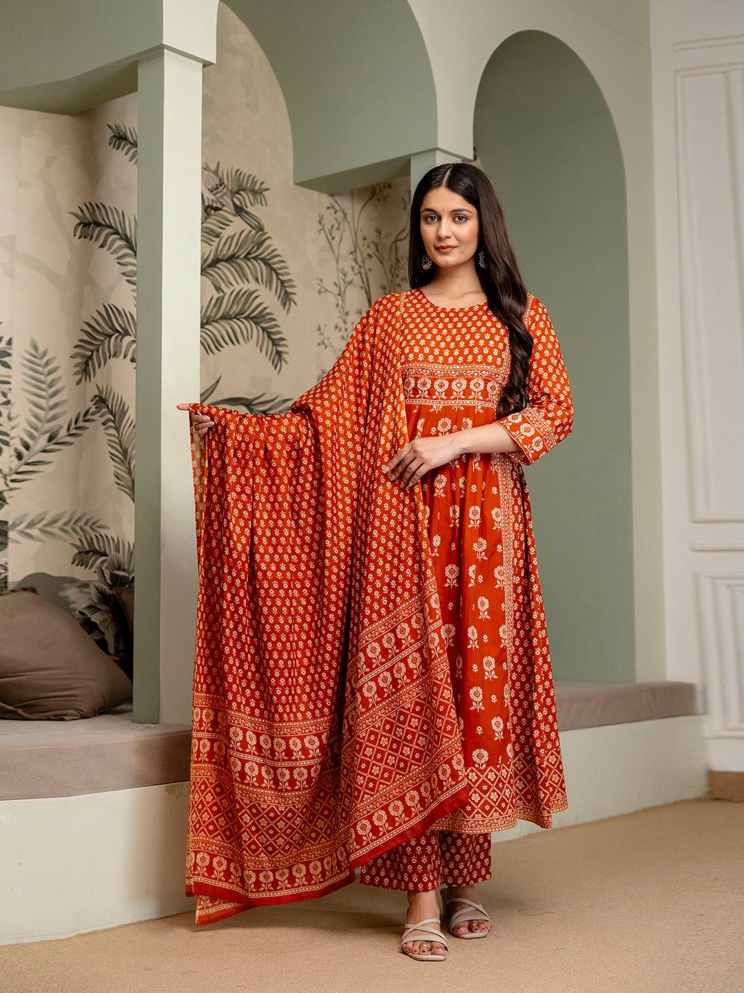 Womens Pure cotton Pleated kurta pant dupatta set