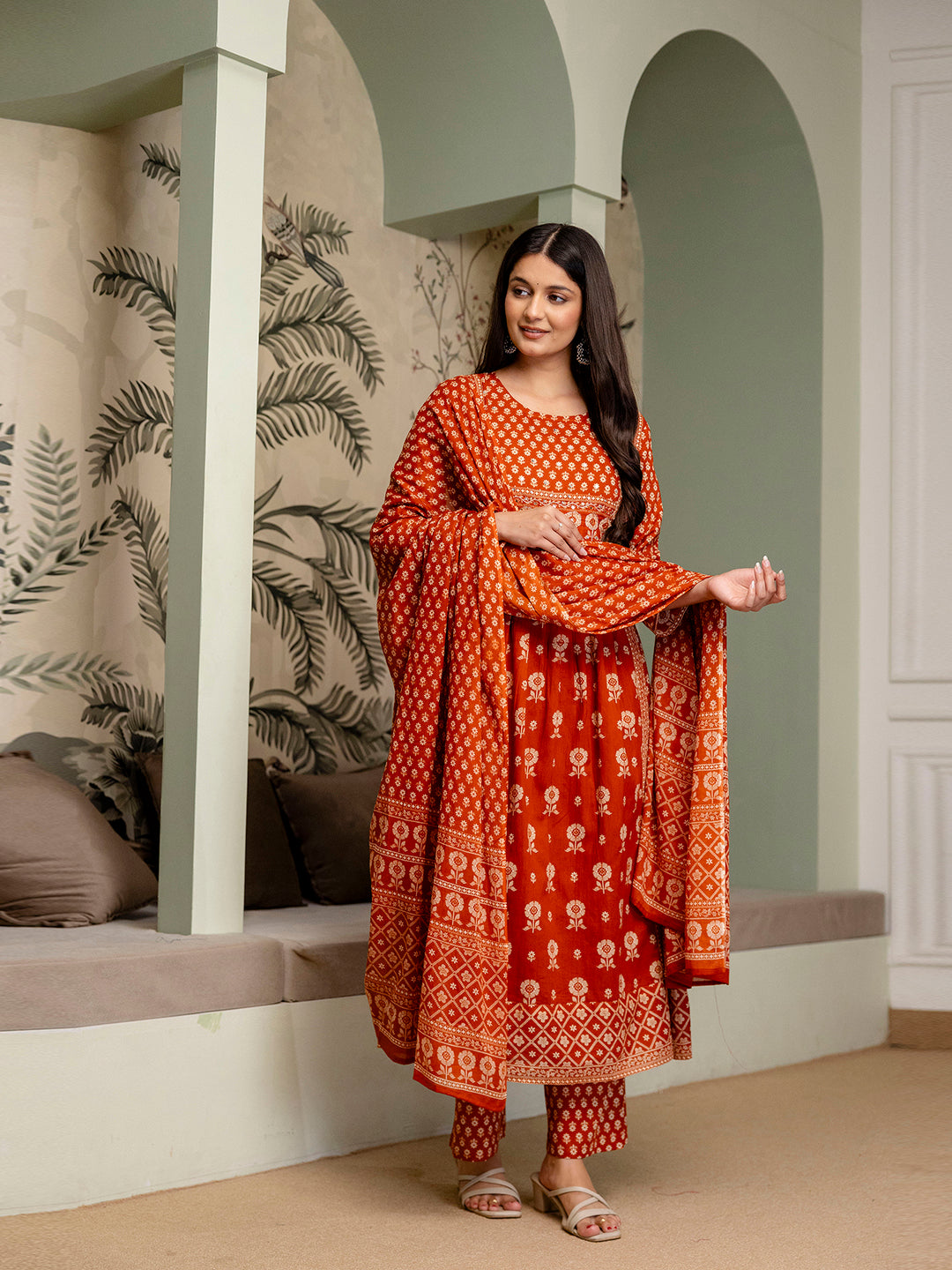 Womens Pure cotton Pleated kurta pant dupatta set