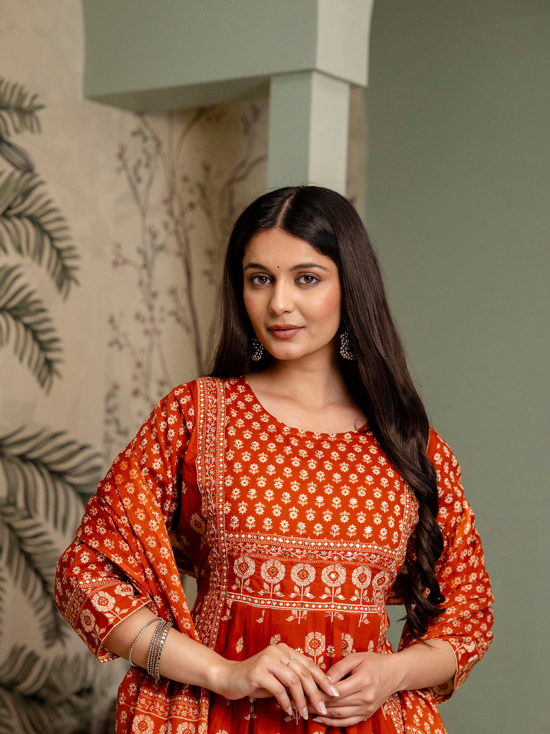 Womens Pure cotton Pleated kurta pant dupatta set