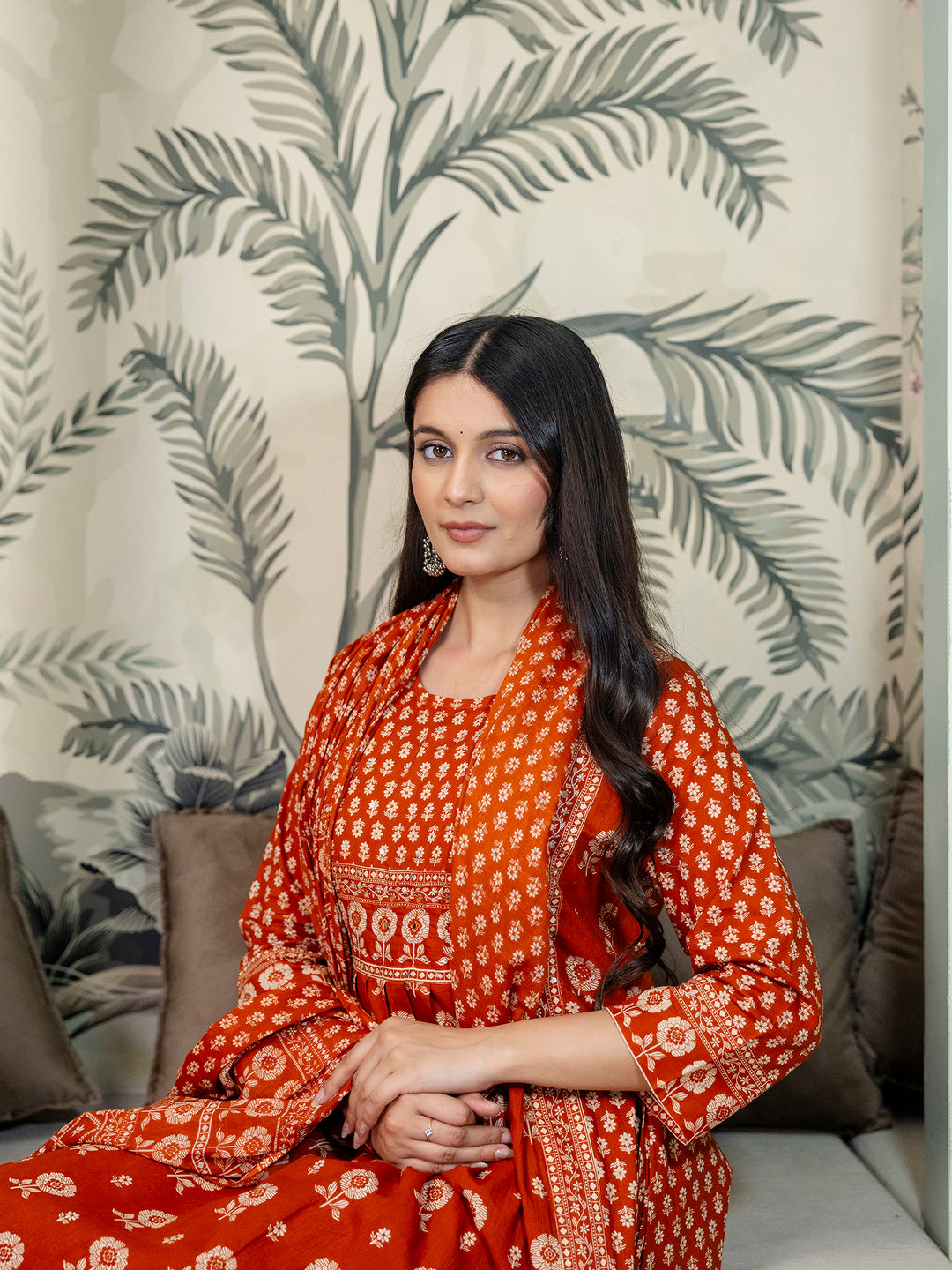 Womens Pure cotton Pleated kurta pant dupatta set