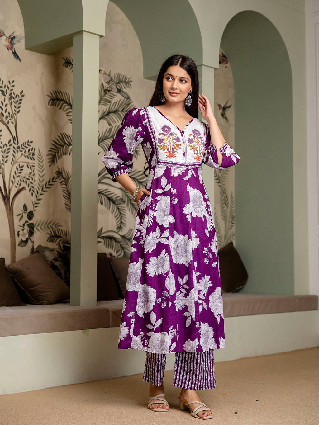 women's pure cotton Hand block Floral print Kurta pant Dupatta set