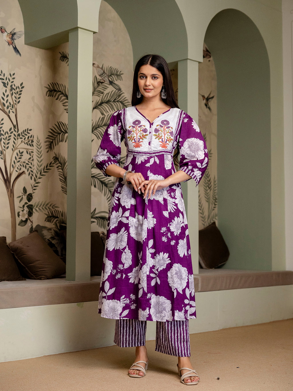 women's pure cotton Hand block Floral print Kurta pant Dupatta set