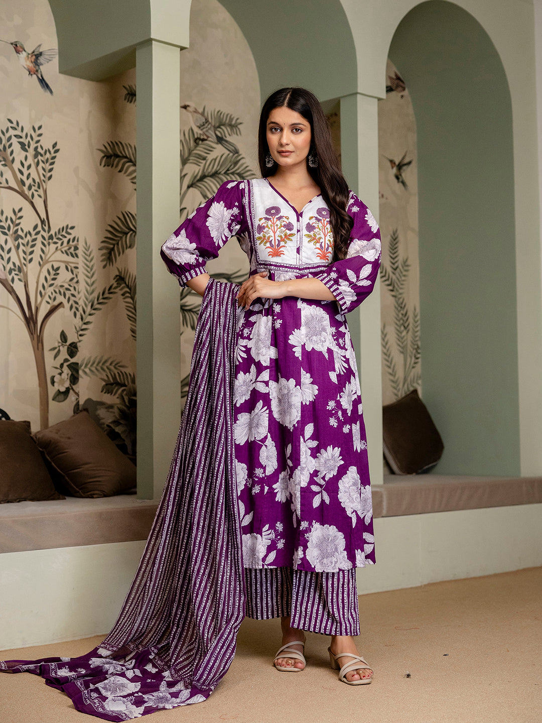 women's pure cotton Hand block Floral print Kurta pant Dupatta set