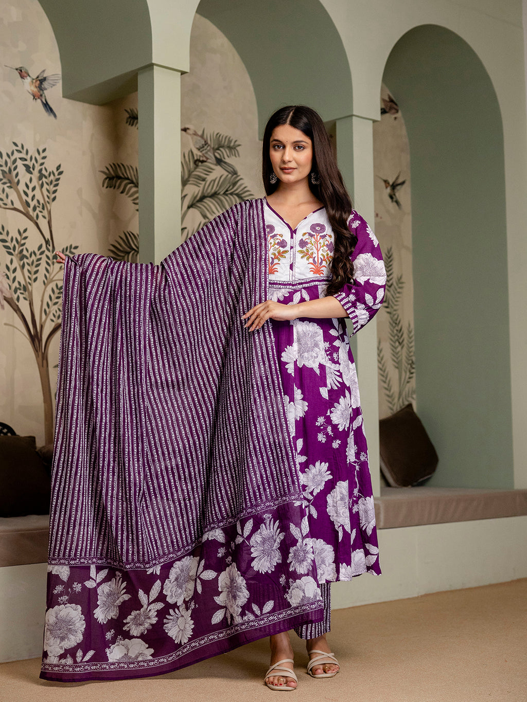 women's pure cotton Hand block Floral print Kurta pant Dupatta set