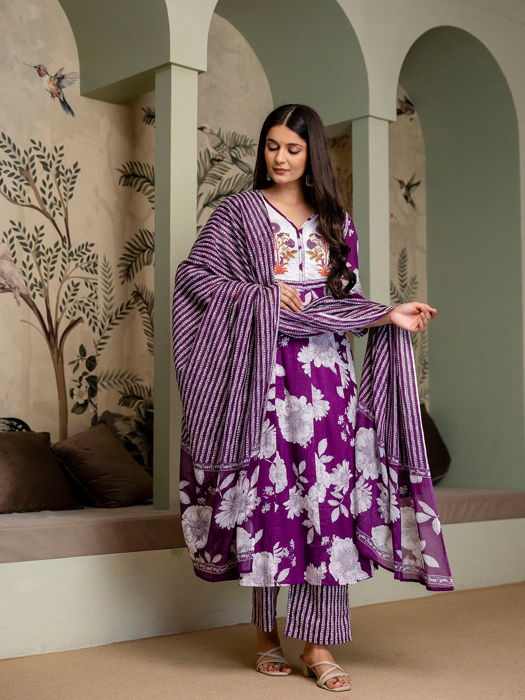 women's pure cotton Hand block Floral print Kurta pant Dupatta set