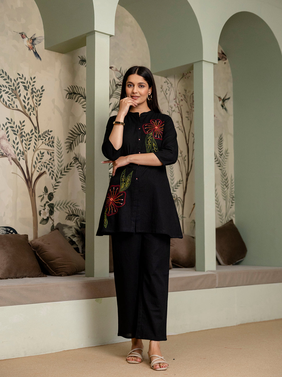 Womens Cotton flex embroidered Co-Ord set