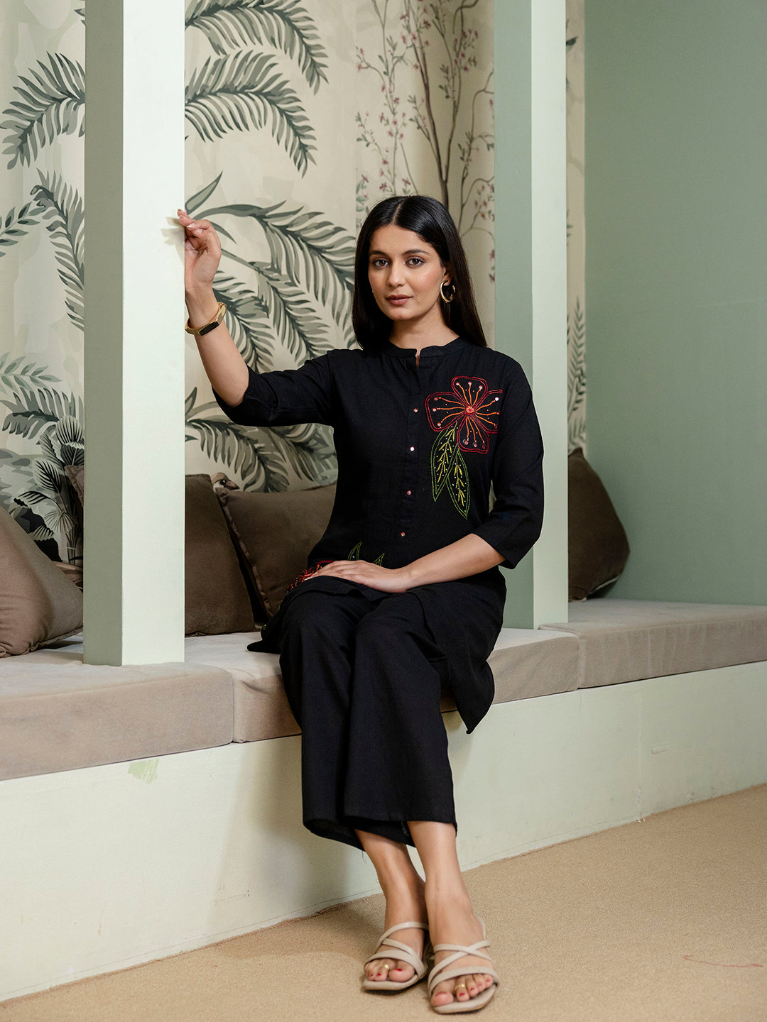 Womens Cotton flex embroidered Co-Ord set