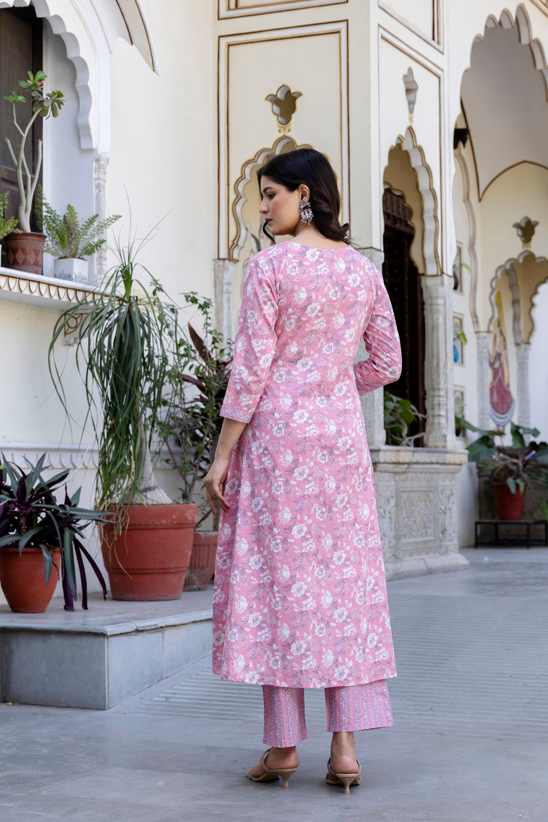 Pure cotton Floral print embroidered Angrakha Kurta pant dupatta set