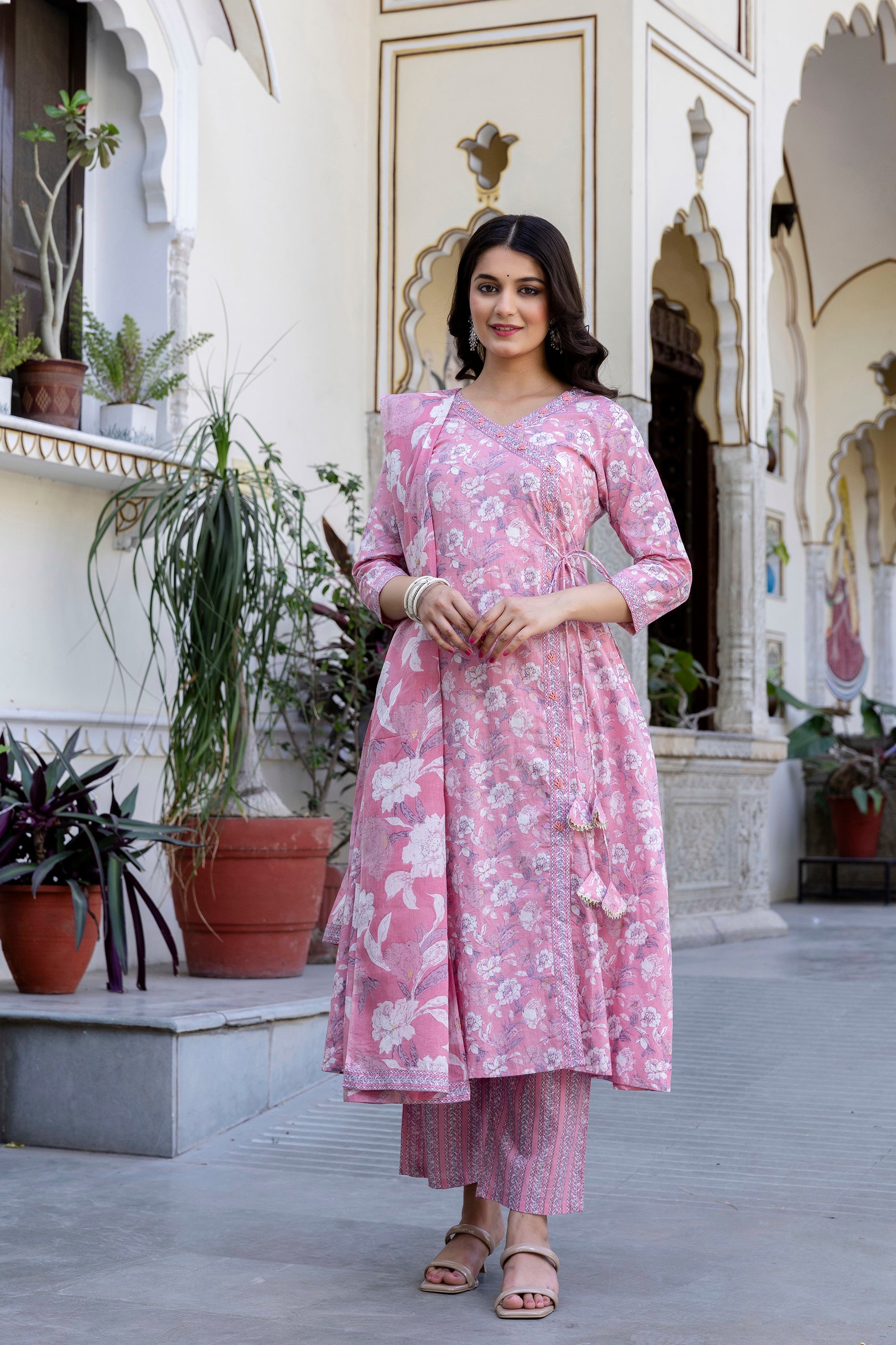 Pure cotton Floral print embroidered Angrakha Kurta pant dupatta set