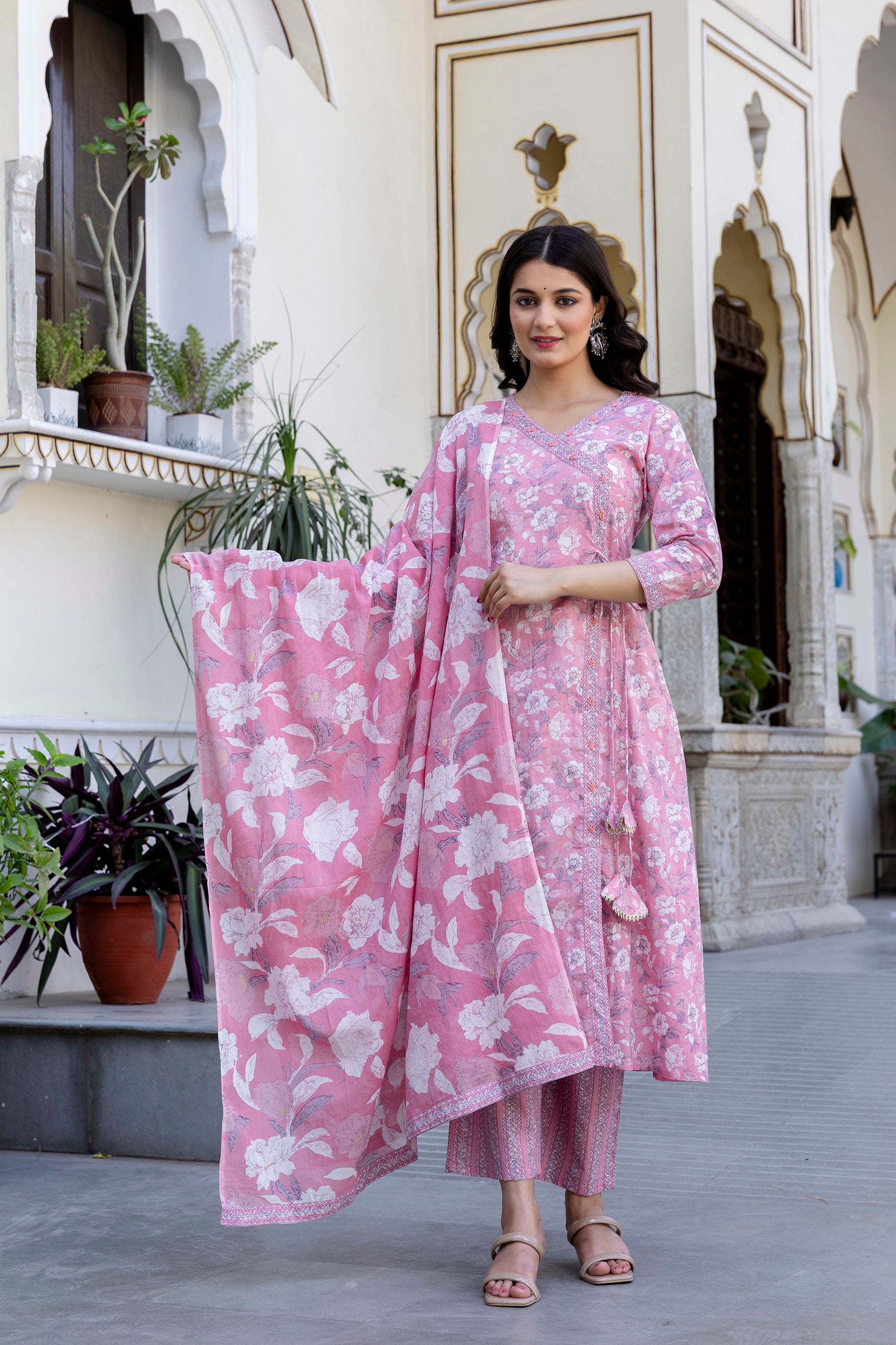 Pure cotton Floral print embroidered Angrakha Kurta pant dupatta set