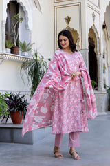 Pure cotton Floral print embroidered Angrakha Kurta pant dupatta set