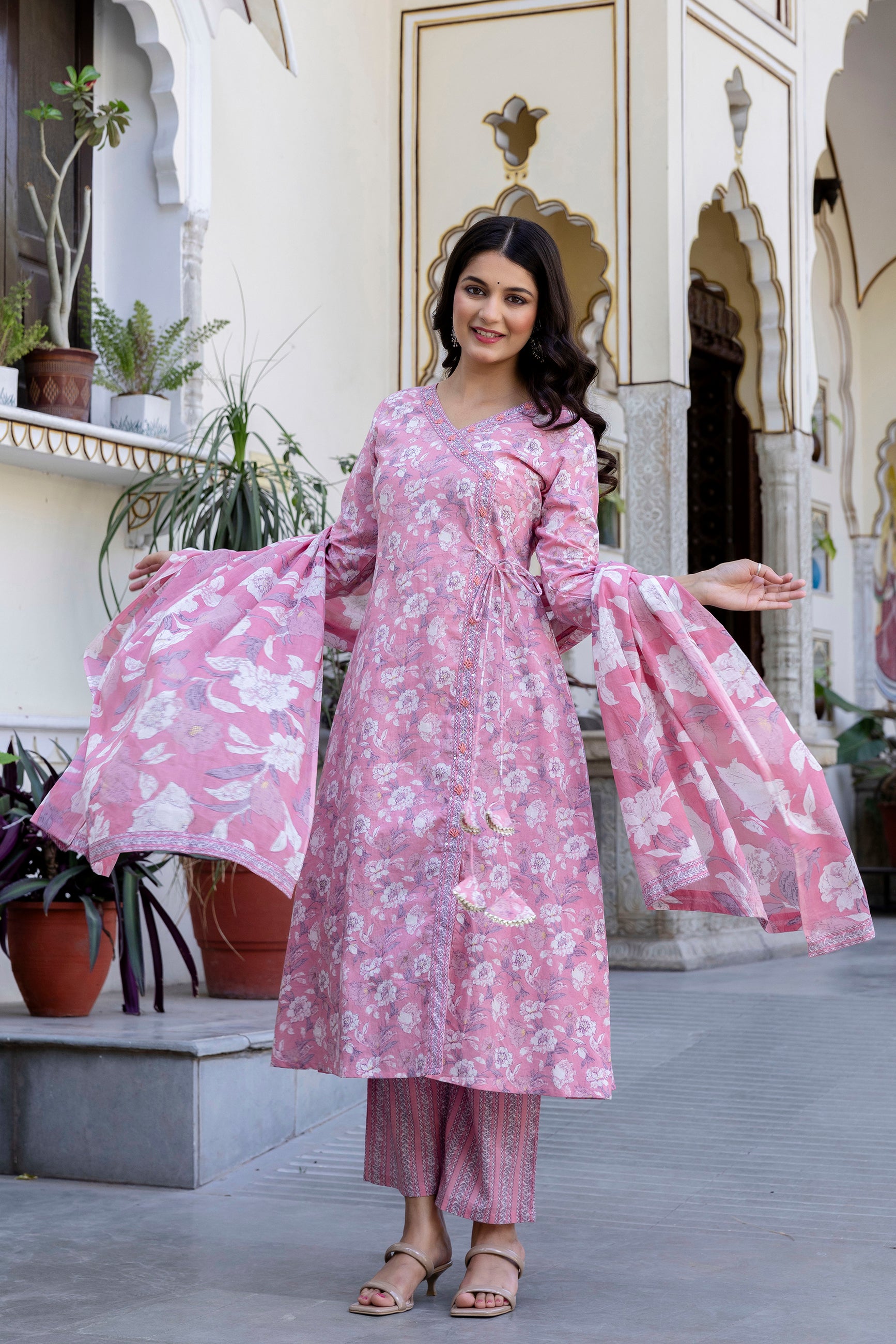Pure cotton Floral print embroidered Angrakha Kurta pant dupatta set