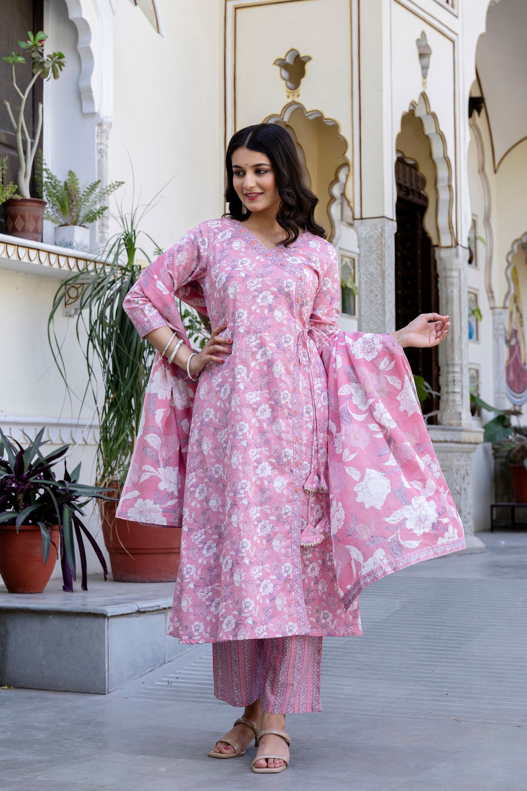 Pure cotton Floral print embroidered Angrakha Kurta pant dupatta set