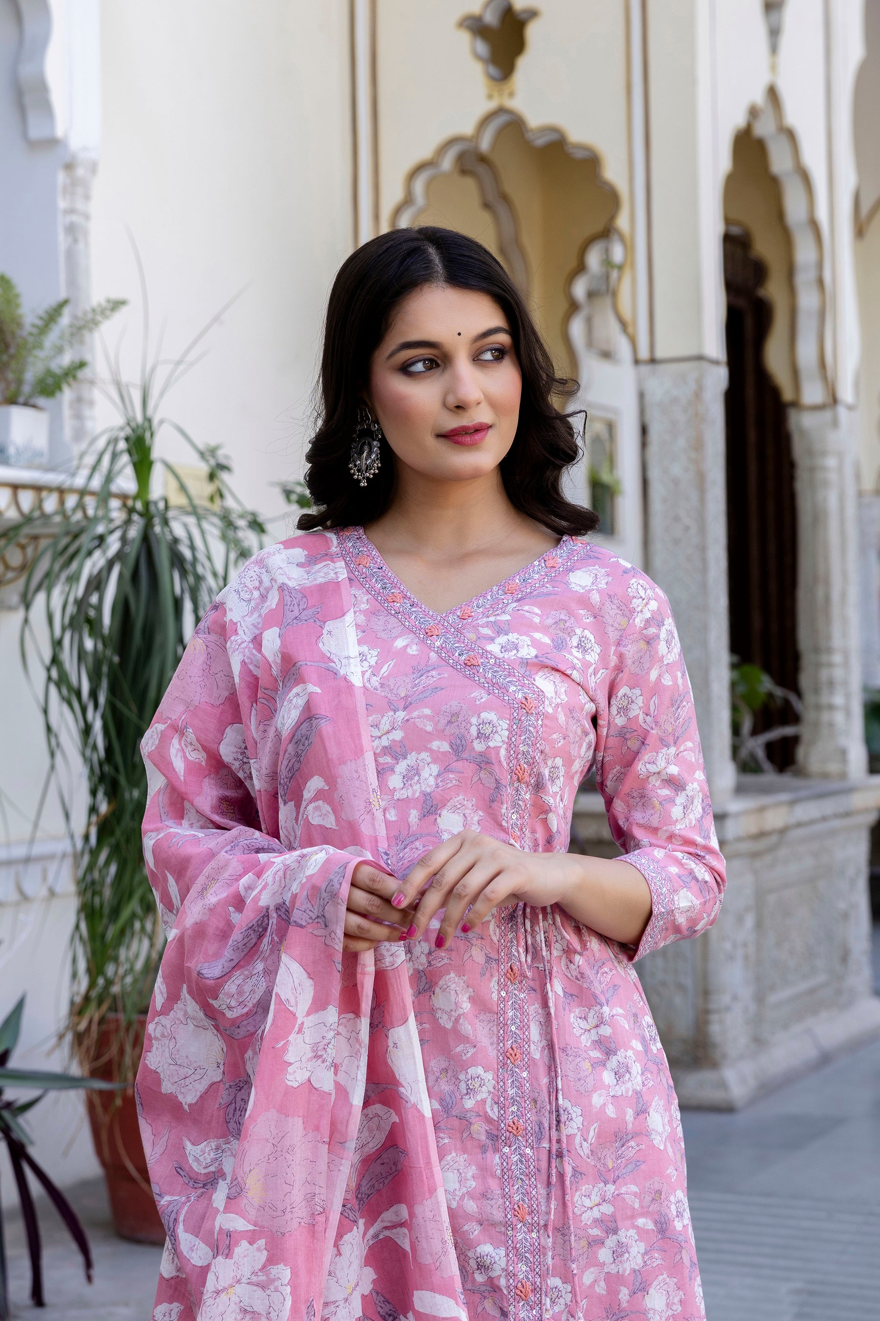 Pure cotton Floral print embroidered Angrakha Kurta pant dupatta set