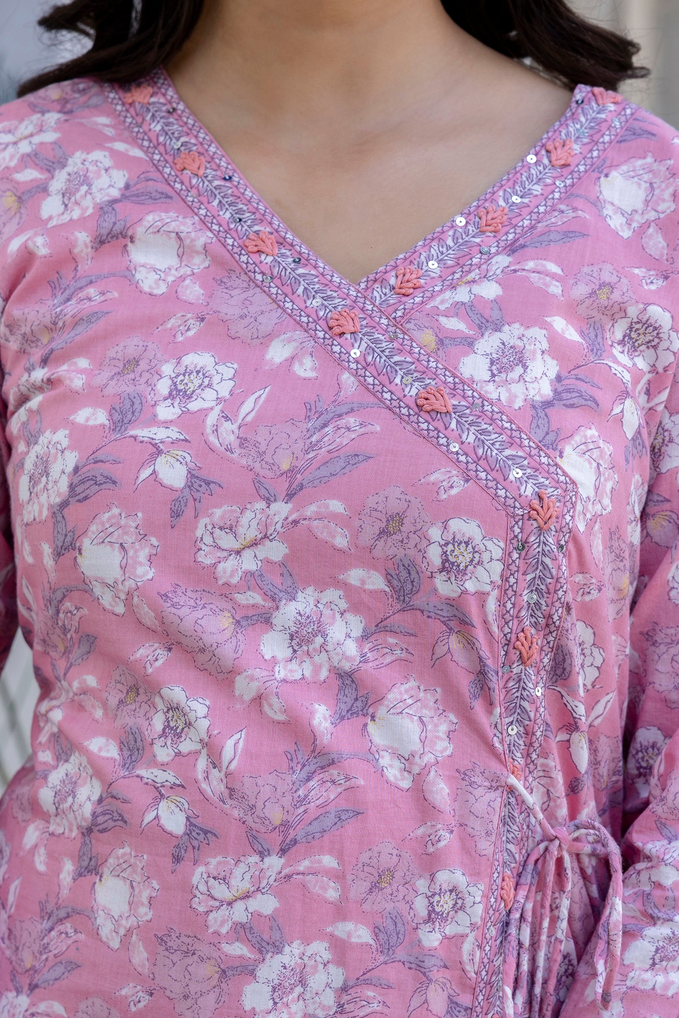 Pure cotton Floral print embroidered Angrakha Kurta pant dupatta set