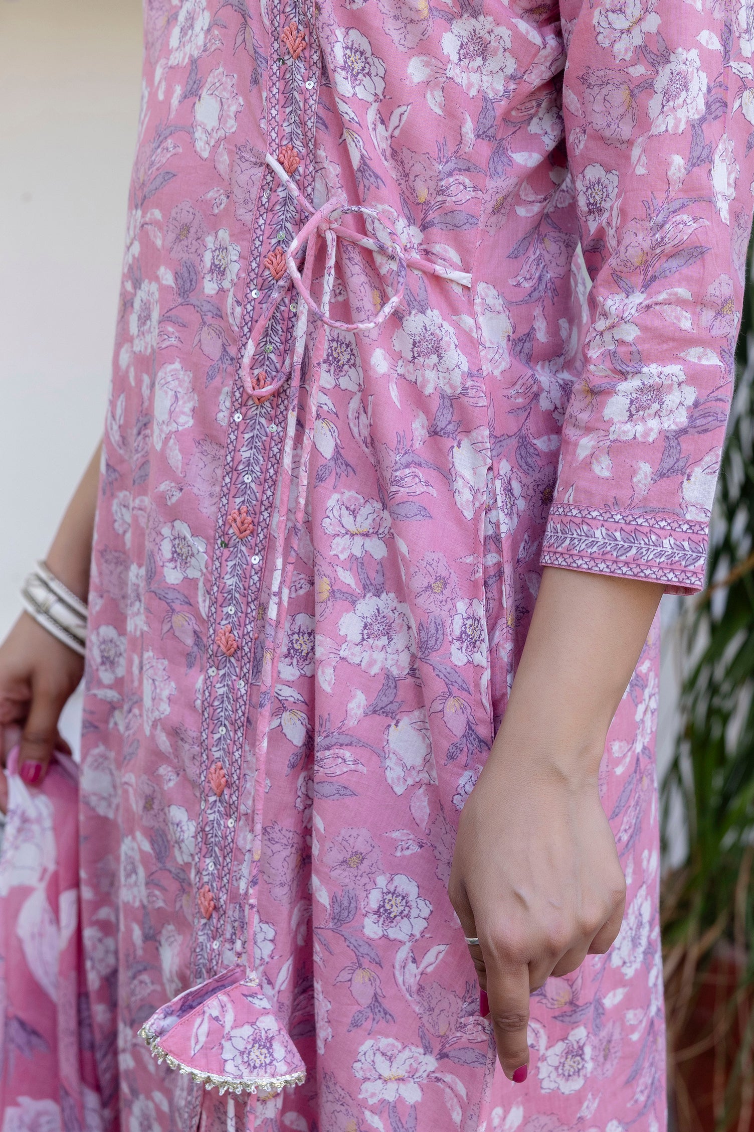 Pure cotton Floral print embroidered Angrakha Kurta pant dupatta set