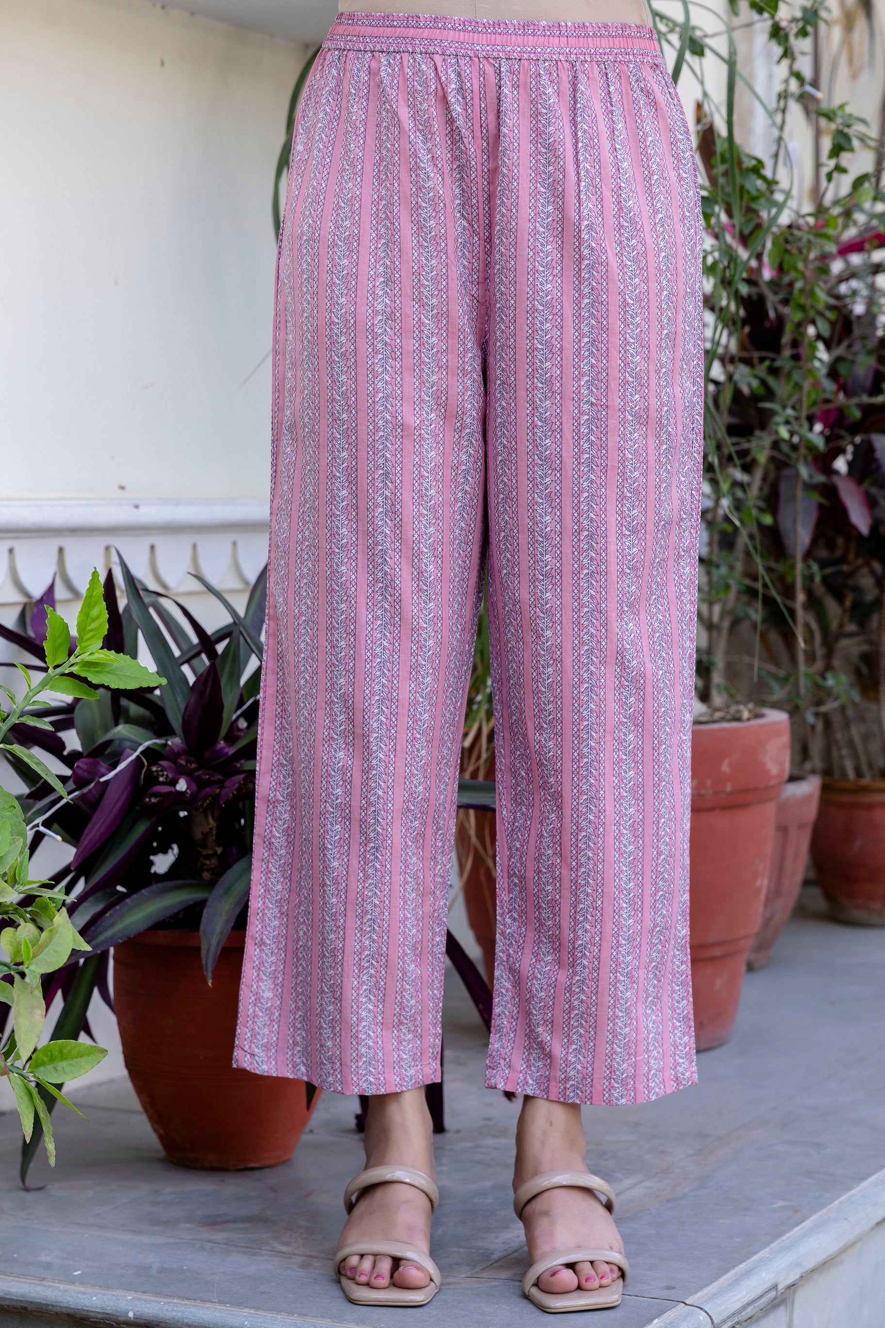 Pure cotton Floral print embroidered Angrakha Kurta pant dupatta set