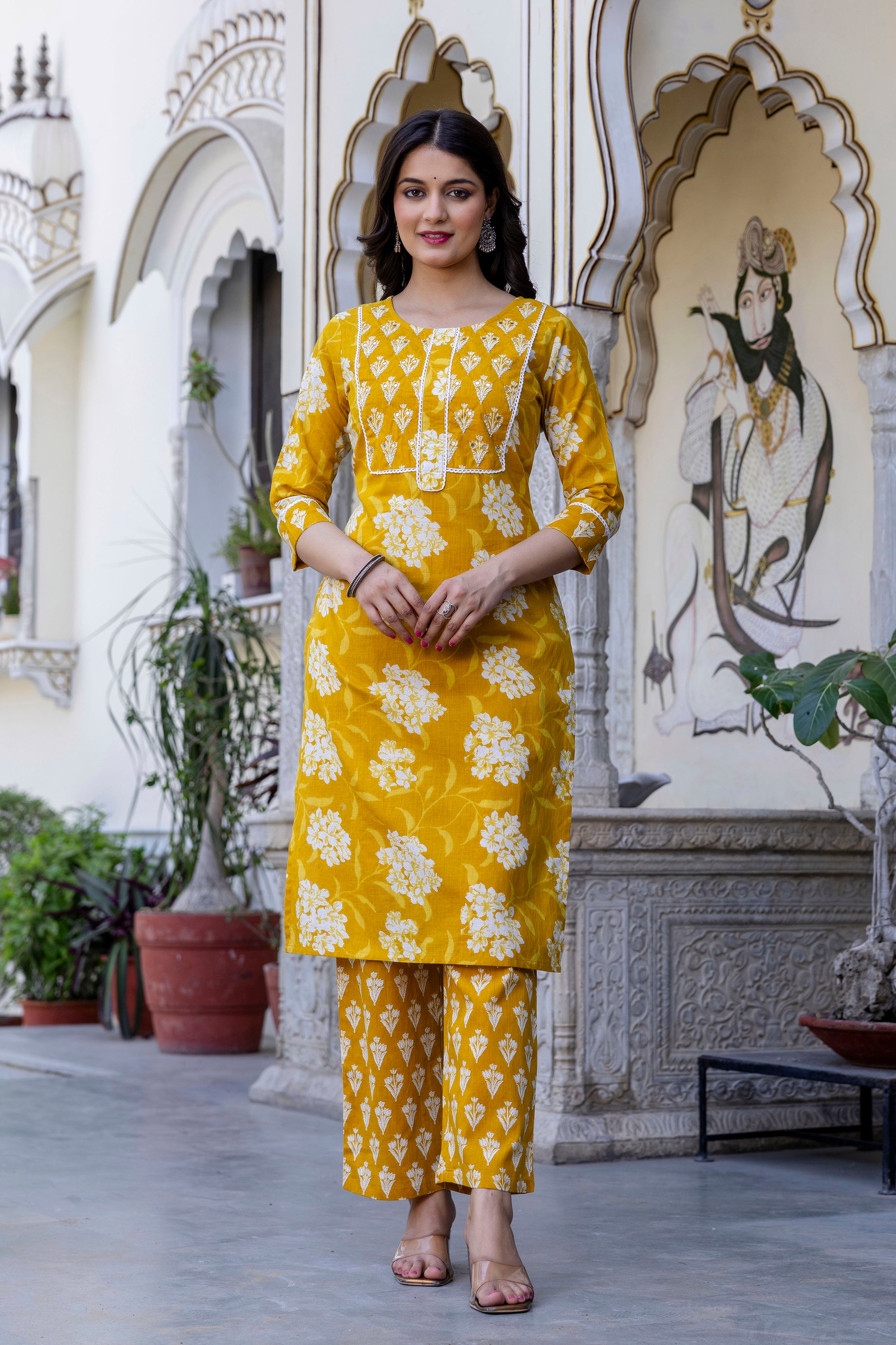 Pure cotton Straight Hand work Kurta pant Dupatta Set