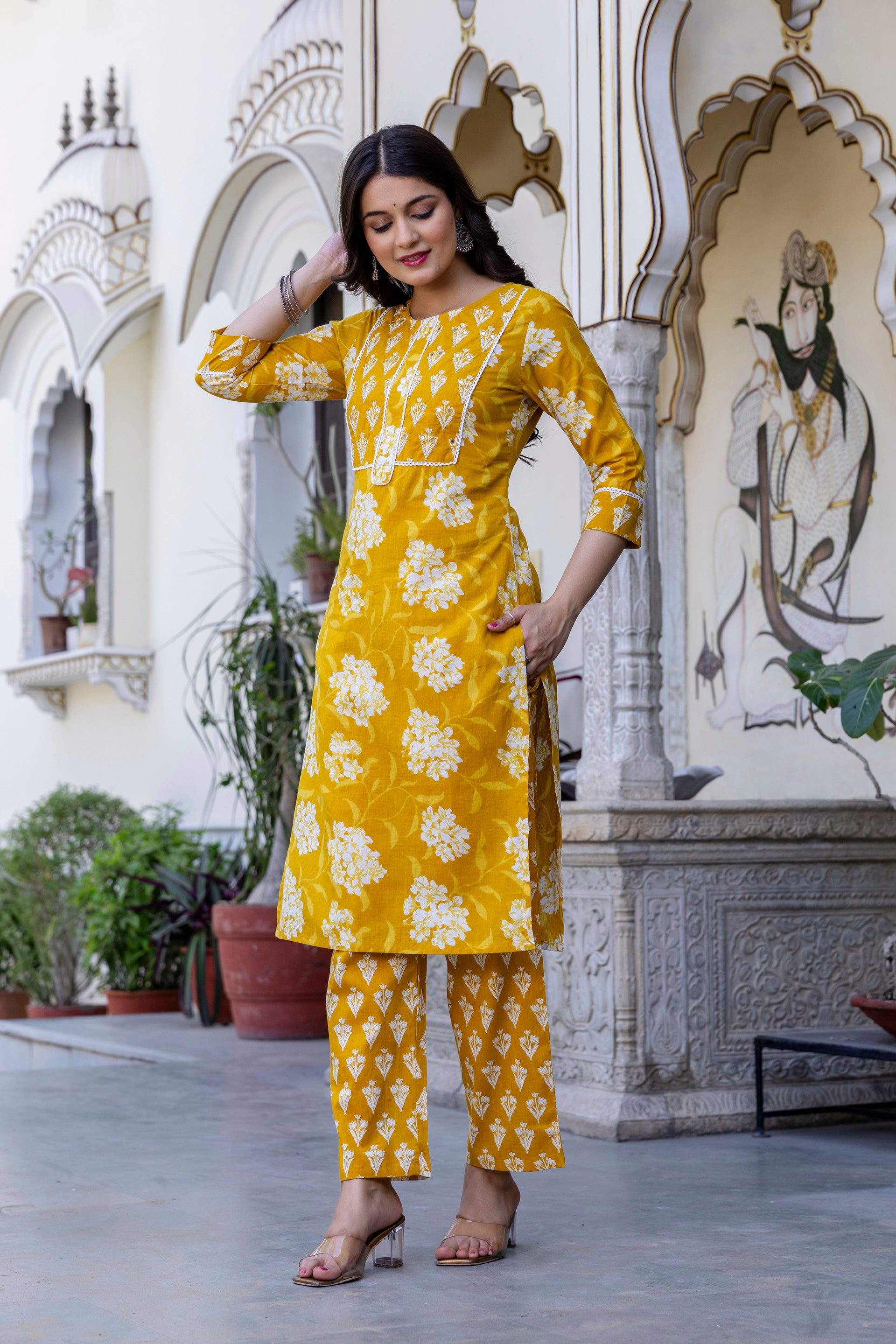 Pure cotton Straight Hand work Kurta pant Dupatta Set