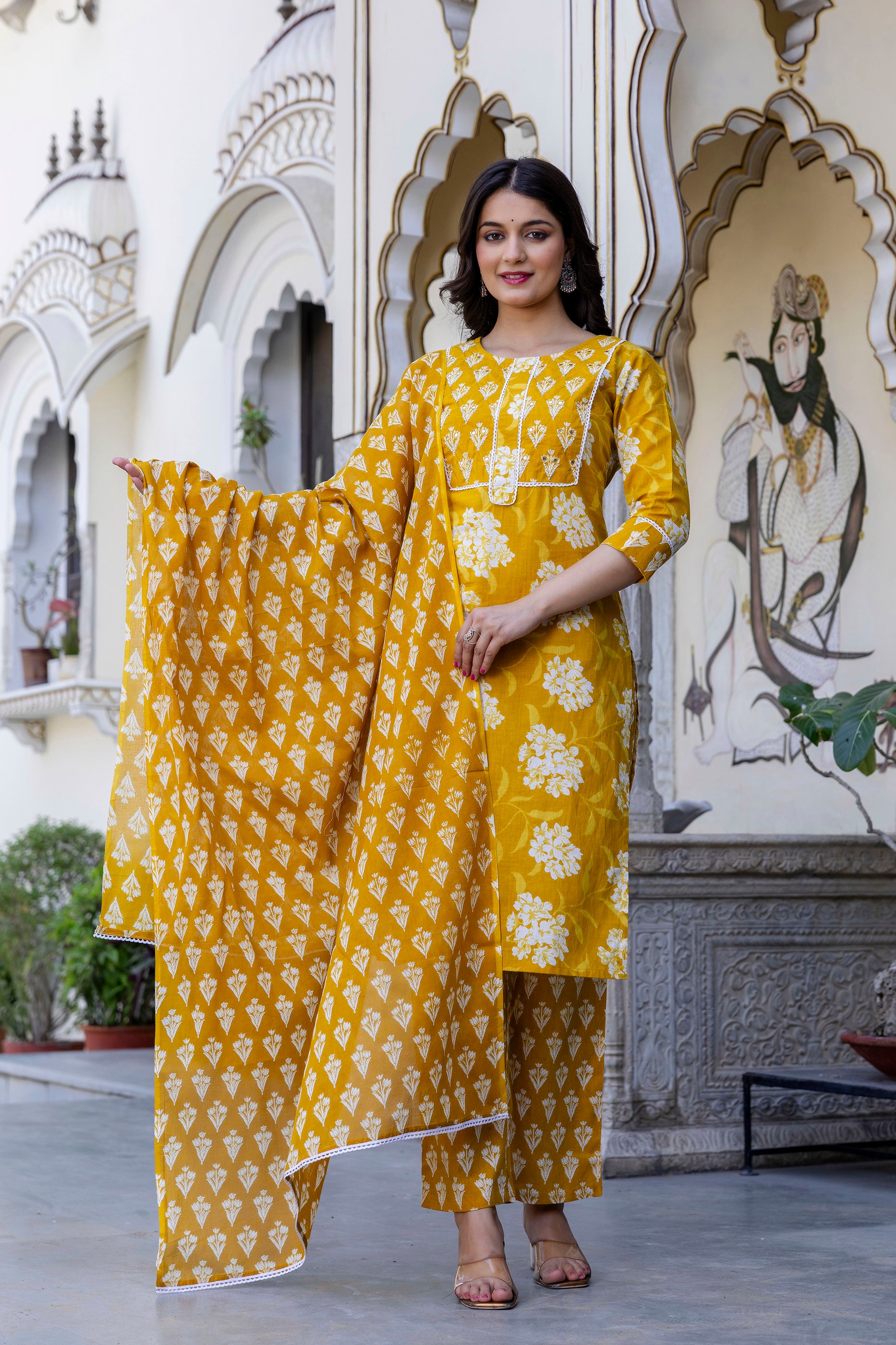Pure cotton Straight Hand work Kurta pant Dupatta Set