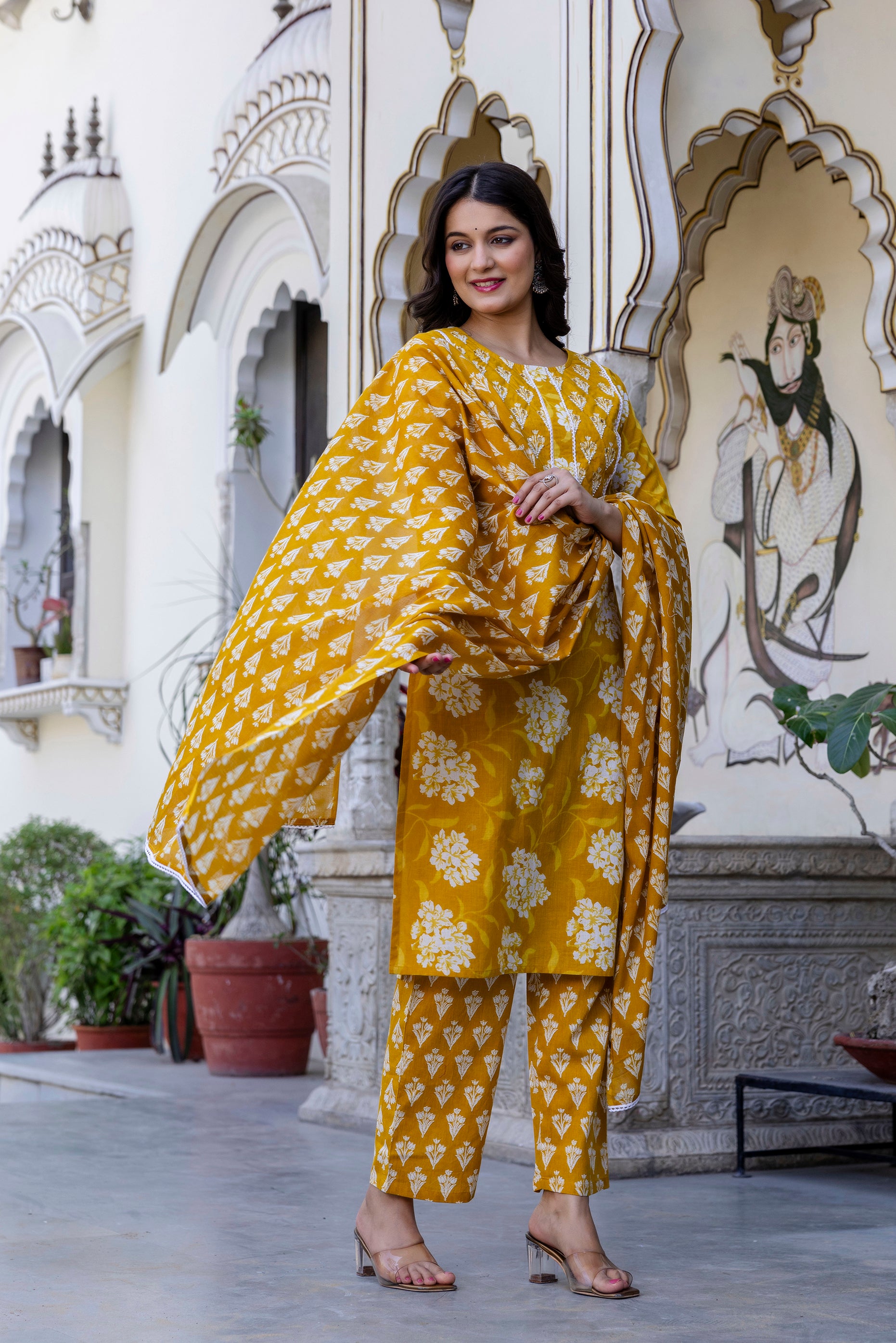 Pure cotton Straight Hand work Kurta pant Dupatta Set