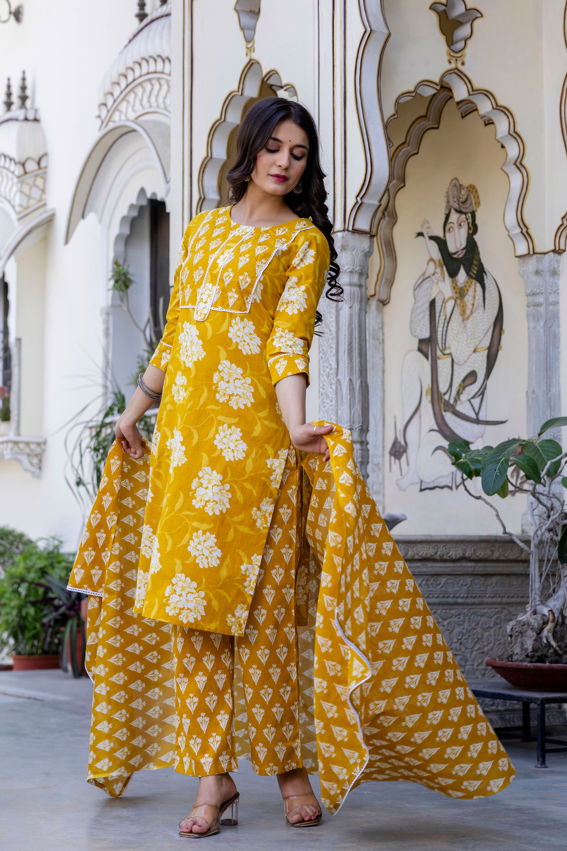 Pure cotton Straight Hand work Kurta pant Dupatta Set