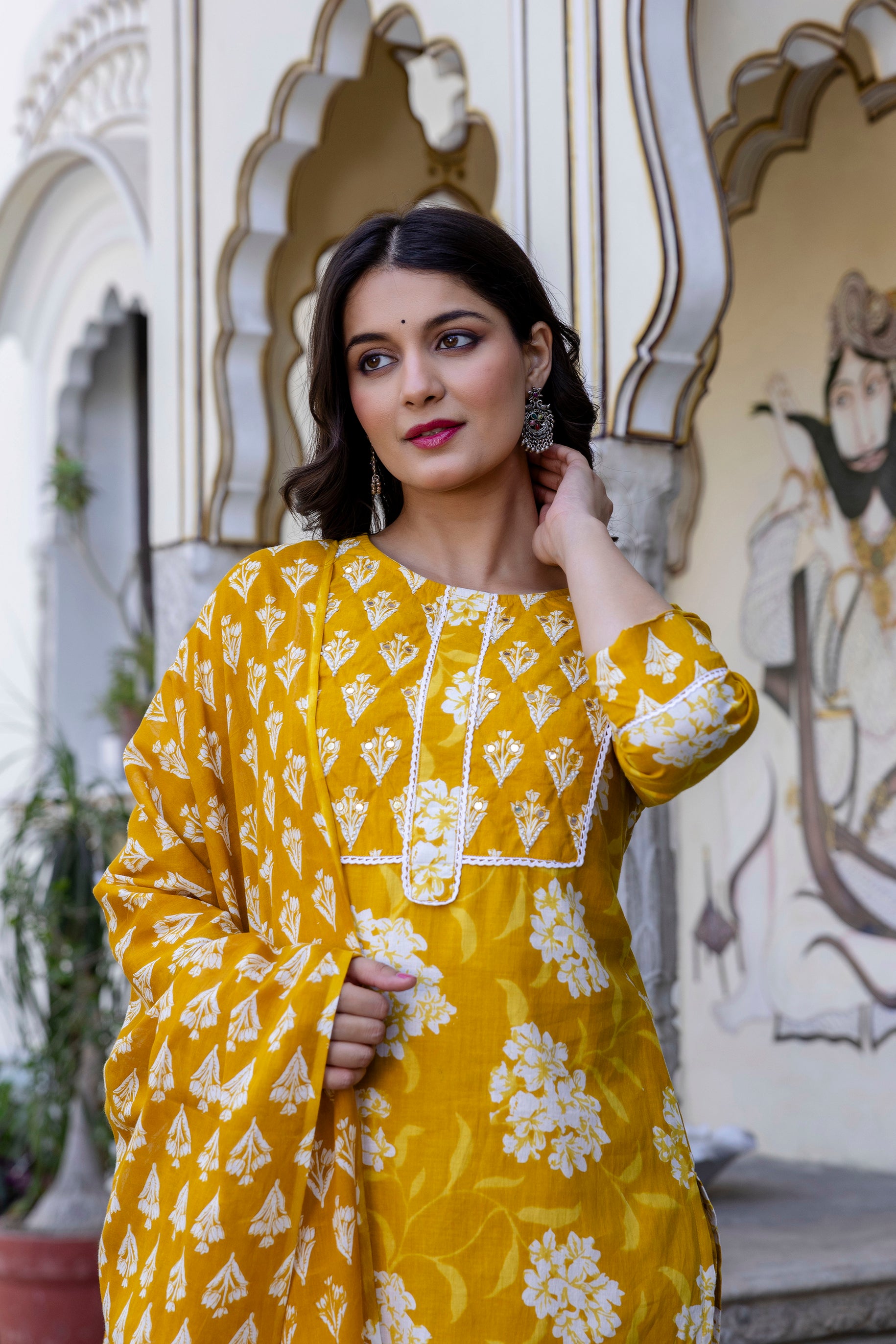Pure cotton Straight Hand work Kurta pant Dupatta Set