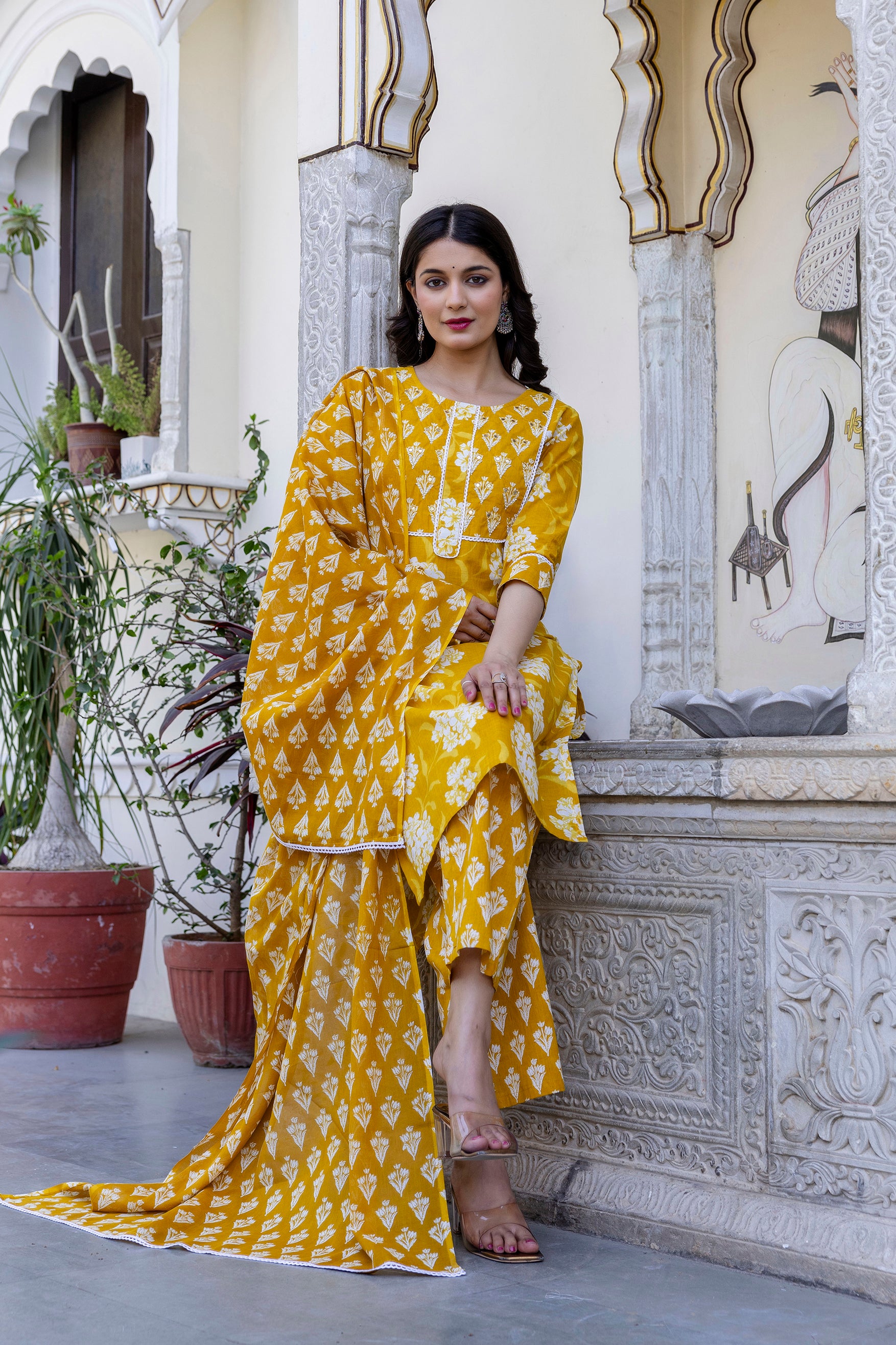 Pure cotton Straight Hand work Kurta pant Dupatta Set