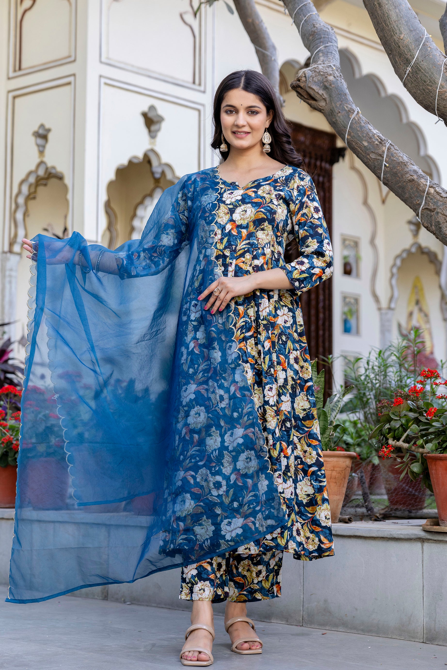 Rayon Flared kurta pant set with Organza dupatta
