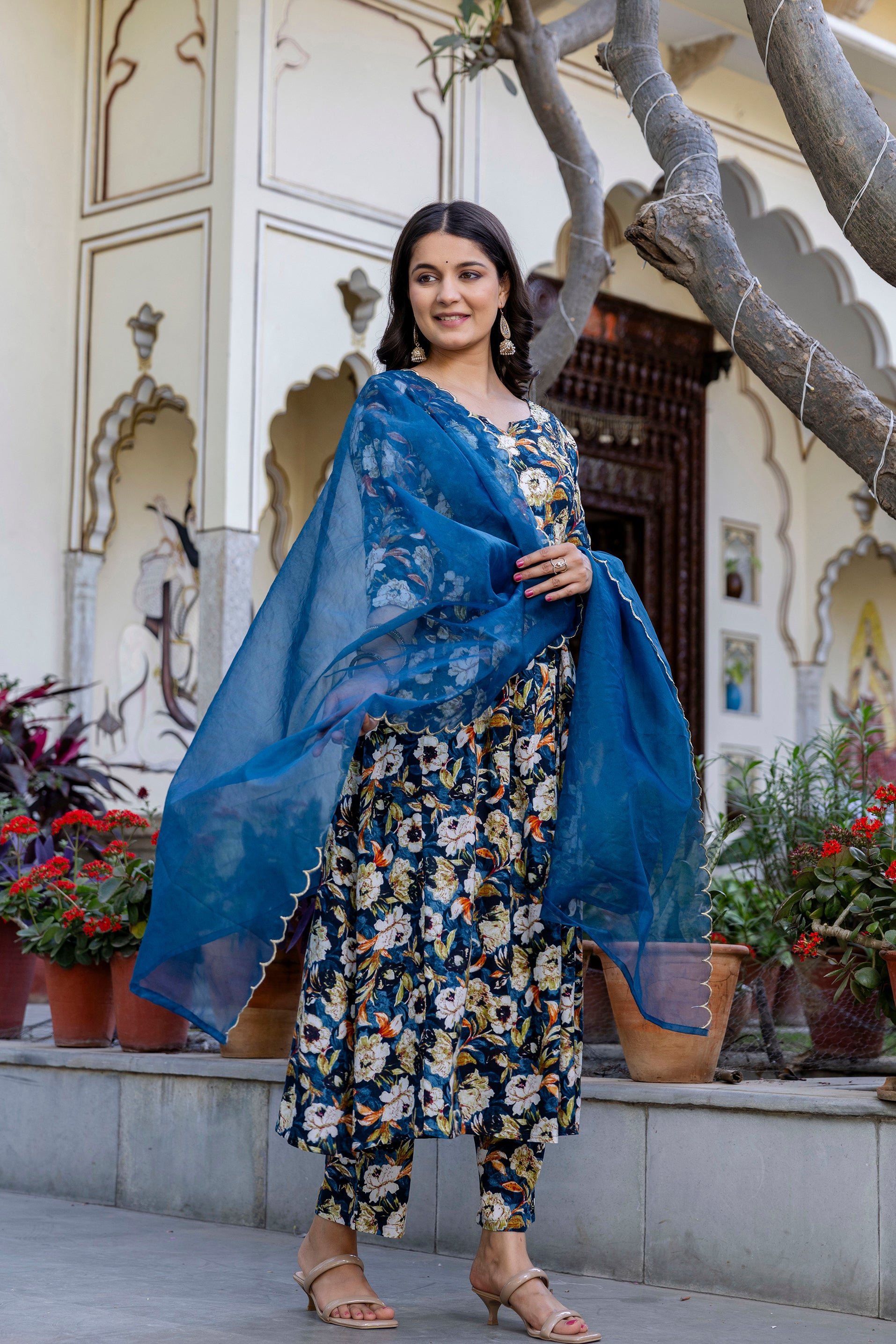 Rayon Flared kurta pant set with Organza dupatta
