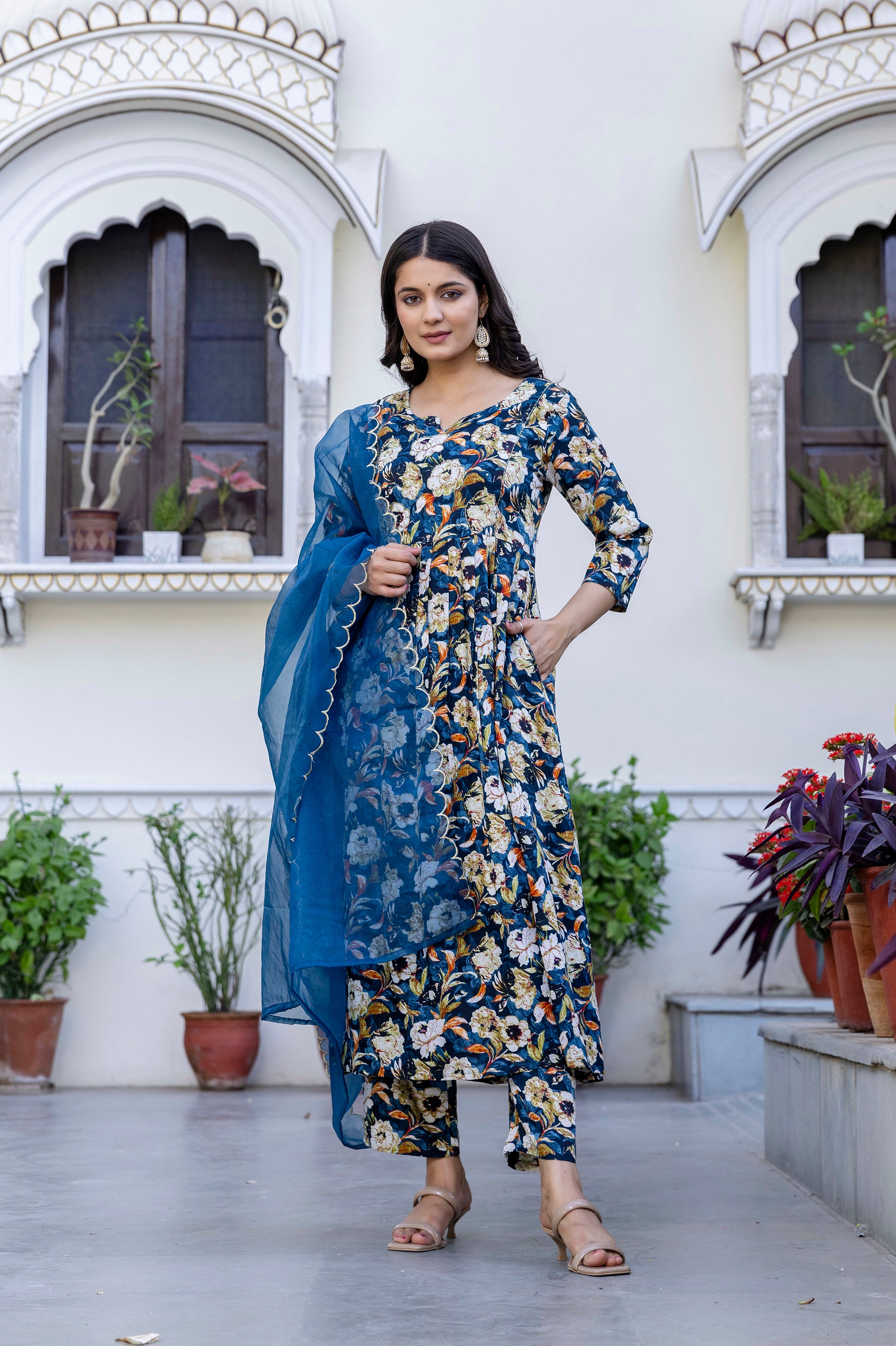 Rayon Flared kurta pant set with Organza dupatta