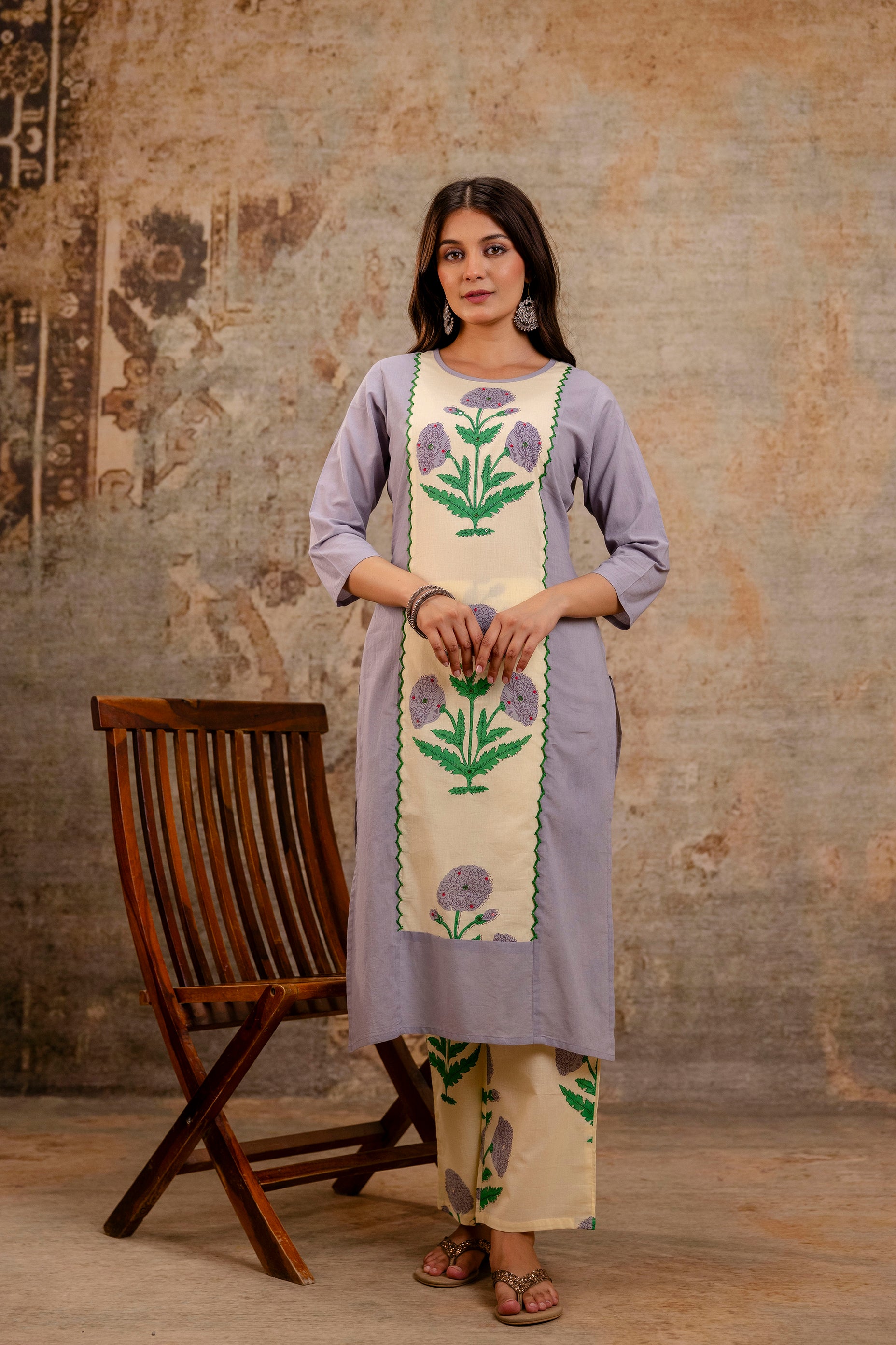 Pure cotton straight floral print kurta pant dupatta set