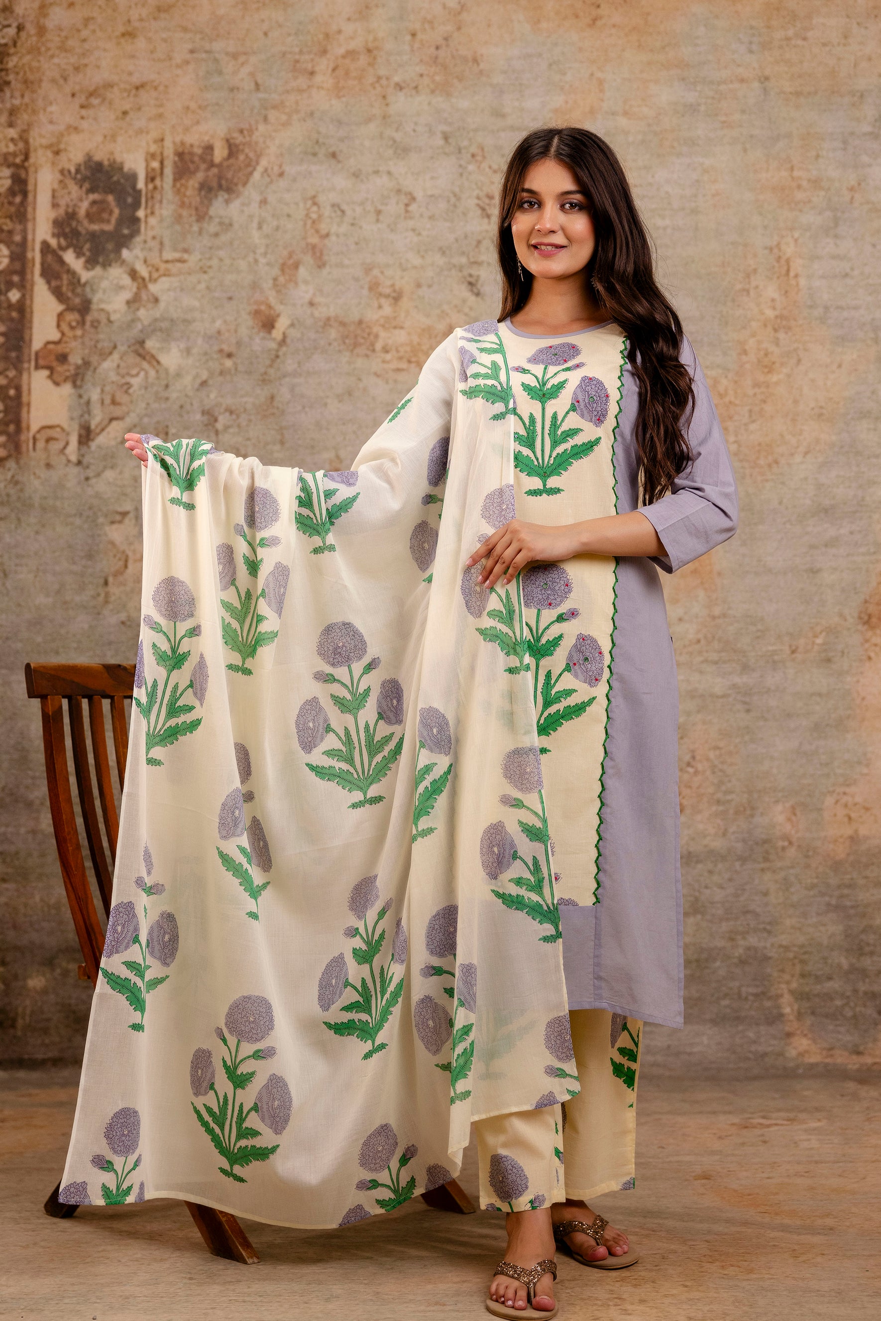 Pure cotton straight floral print kurta pant dupatta set