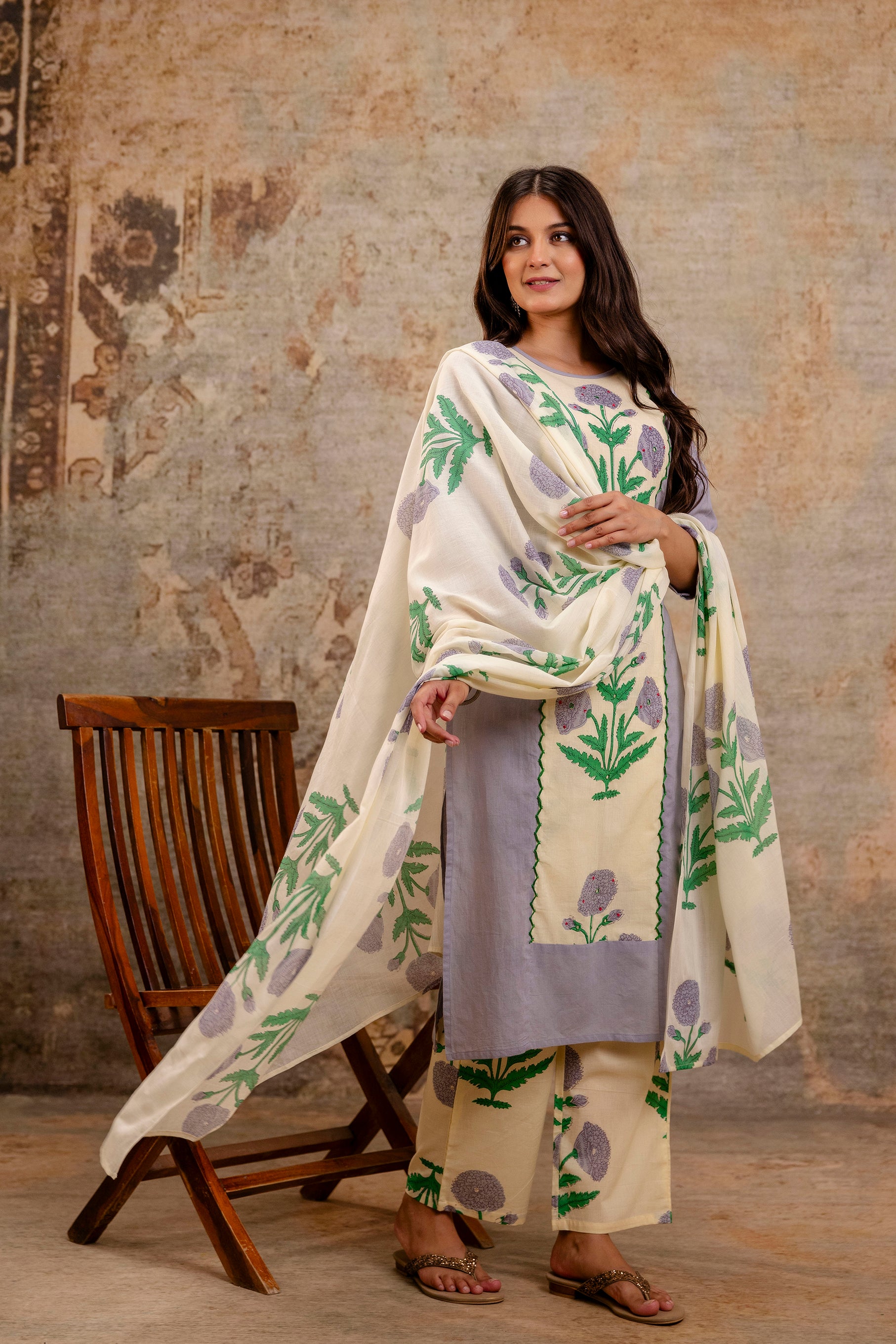 Pure cotton straight floral print kurta pant dupatta set