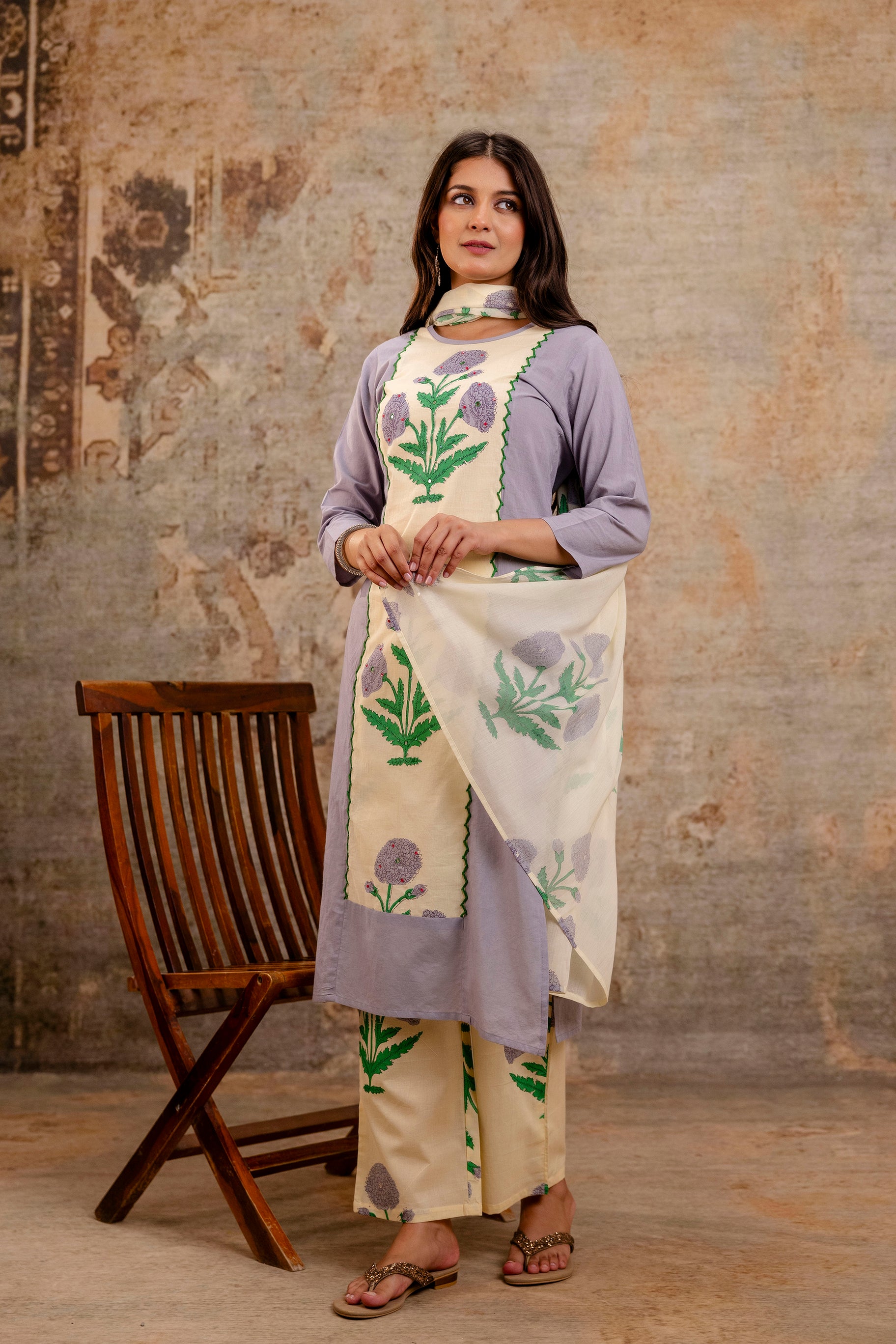 Pure cotton straight floral print kurta pant dupatta set