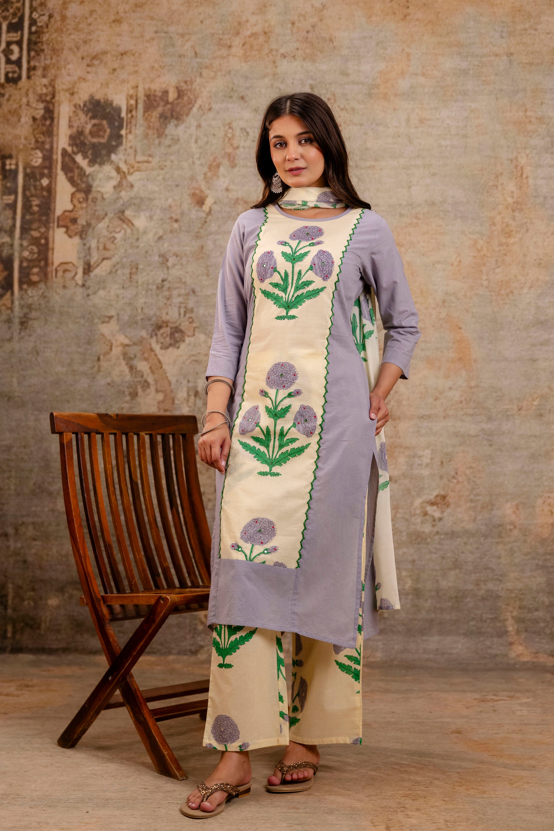 Pure cotton straight floral print kurta pant dupatta set