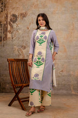 Pure cotton straight floral print kurta pant dupatta set