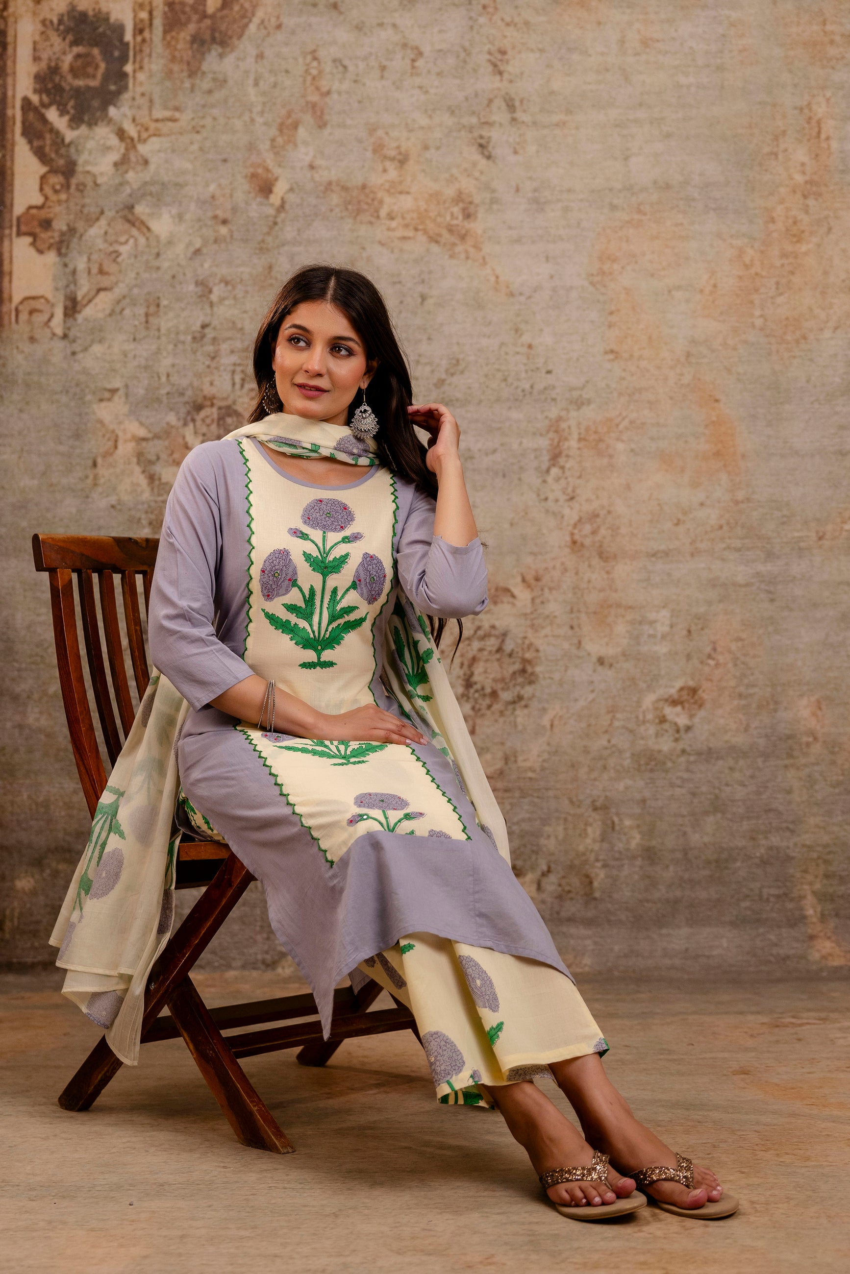 Pure cotton straight floral print kurta pant dupatta set