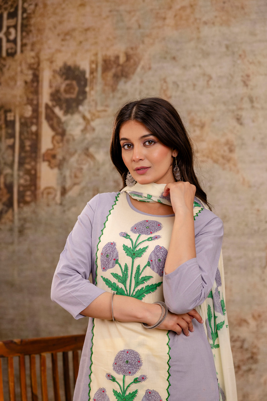 Pure cotton straight floral print kurta pant dupatta set
