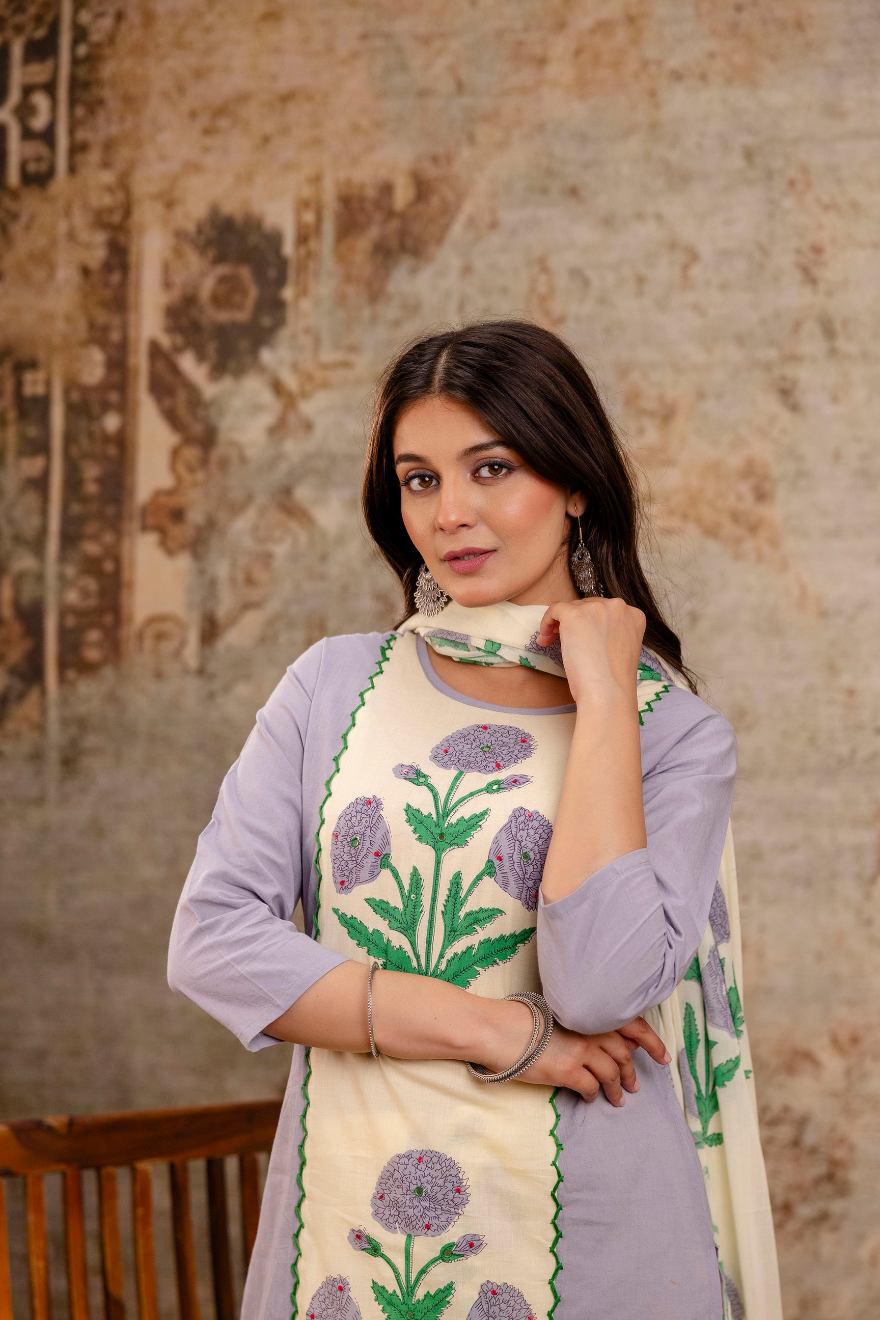 Pure cotton straight floral print kurta pant dupatta set