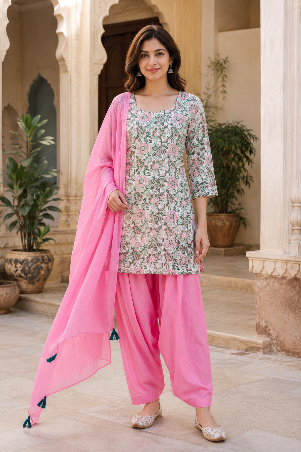 ERISHA i Hand Block Printed Cotton Farshi Salwar Suit Set – Pink 3 Piece Set