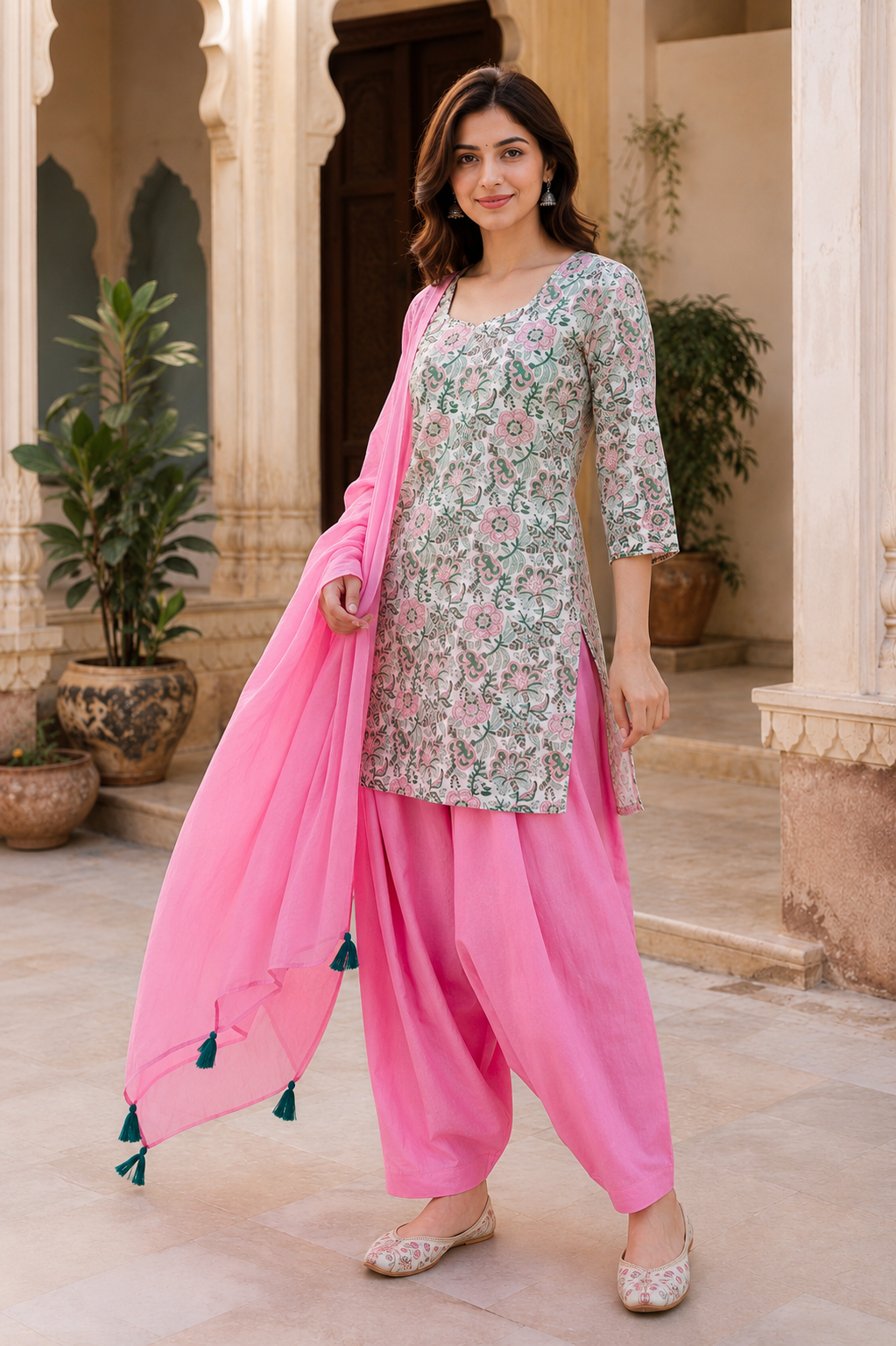 ERISHA i Hand Block Printed Cotton Farshi Salwar Suit Set – Pink 3 Piece Set