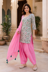 ERISHA i Hand Block Printed Cotton Farshi Salwar Suit Set – Pink 3 Piece Set