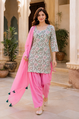 ERISHA i Hand Block Printed Cotton Farshi Salwar Suit Set – Pink 3 Piece Set