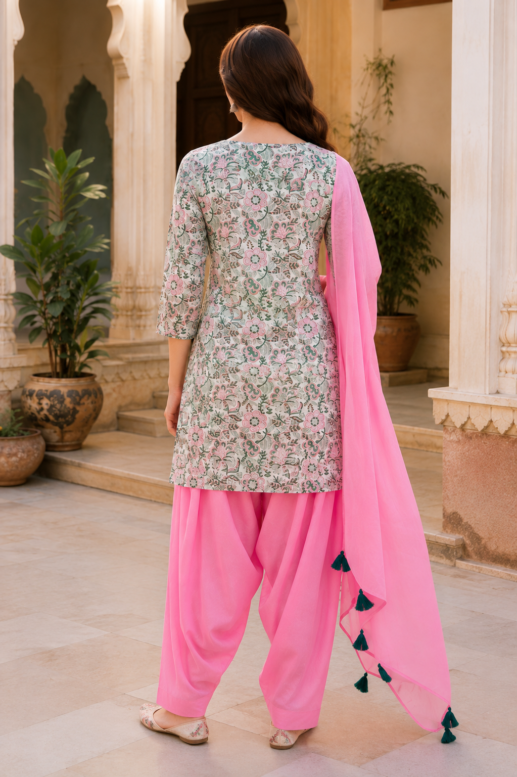 ERISHA i Hand Block Printed Cotton Farshi Salwar Suit Set – Pink 3 Piece Set